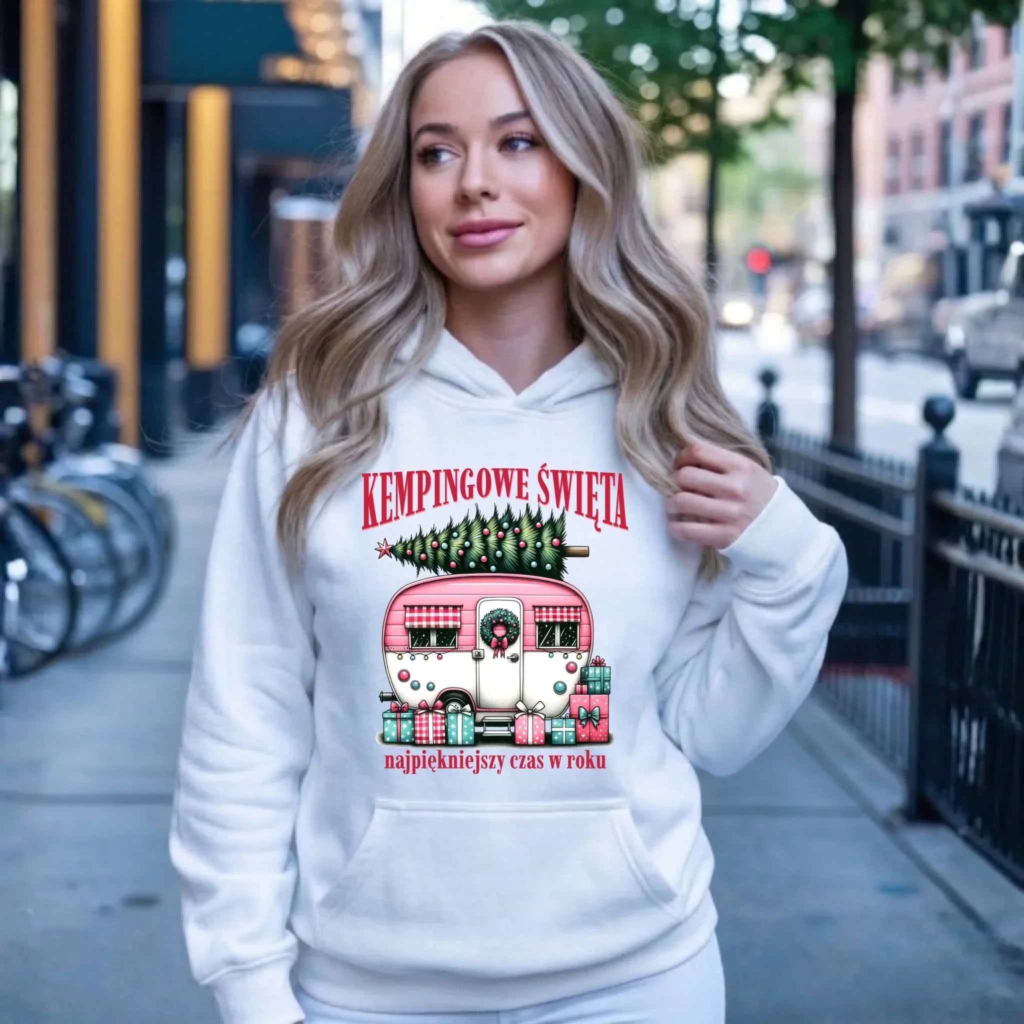 Bluza damska z kapturem świąteczna - Kamper Kempingowe Święta BN40 - StoryCups.pl