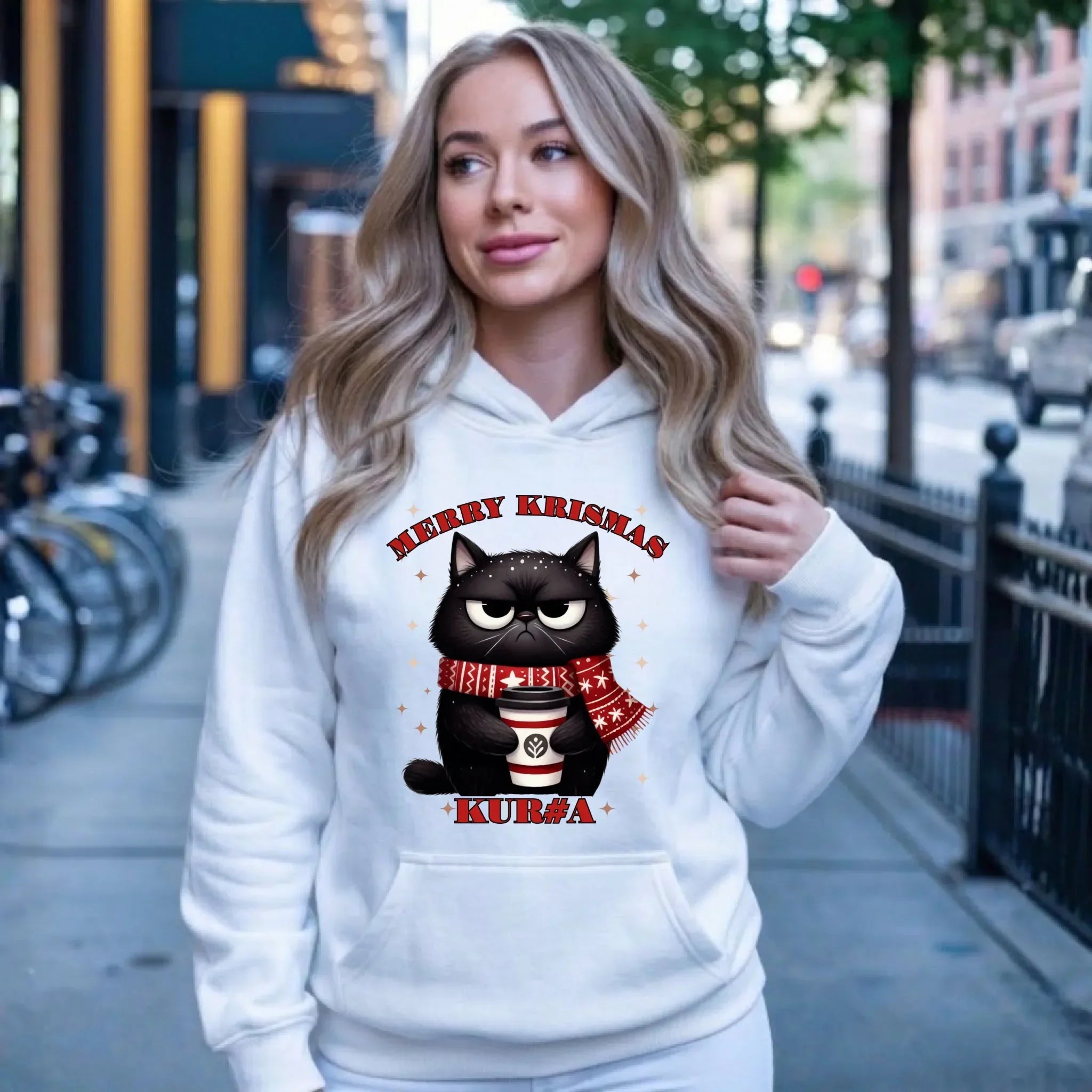 Bluza damska z kapturem świąteczna - Zburczany kot Merry Krismas kur#a - bez cenzury BN34 - StoryCups.pl