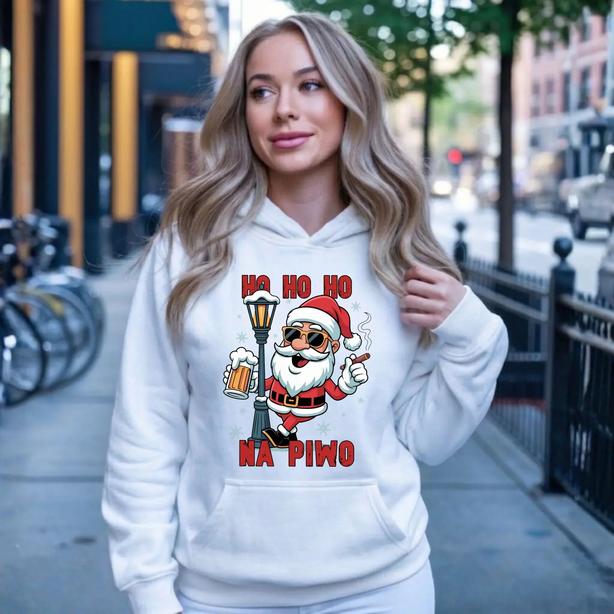 Bluza damska z kapturem świąteczna - Mikołaj Ho ho ho na piwo BN64 - StoryCups.pl
