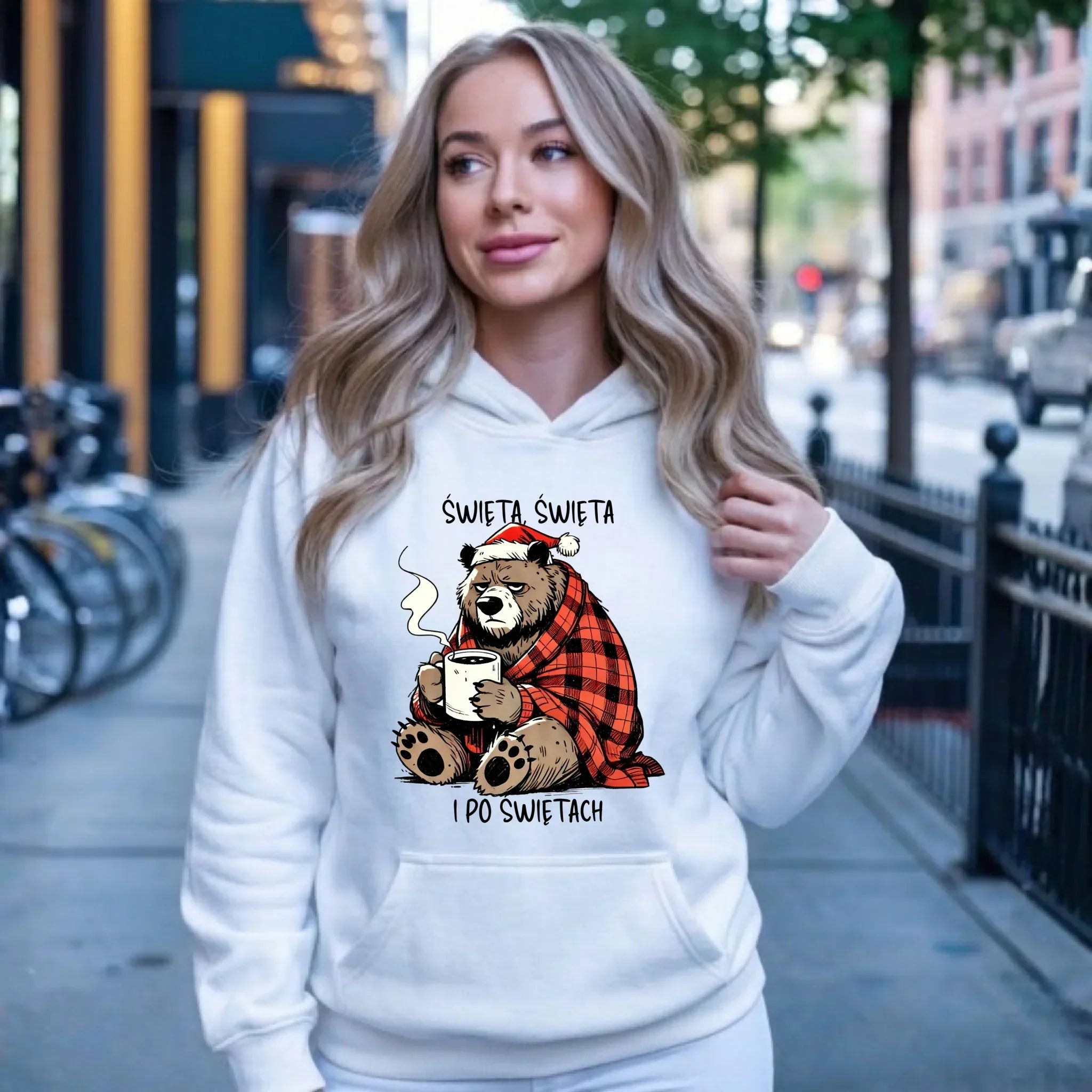 Bluza damska z kapturem świąteczna - Miś Święta, święta i po świętach BN16 - StoryCups.pl