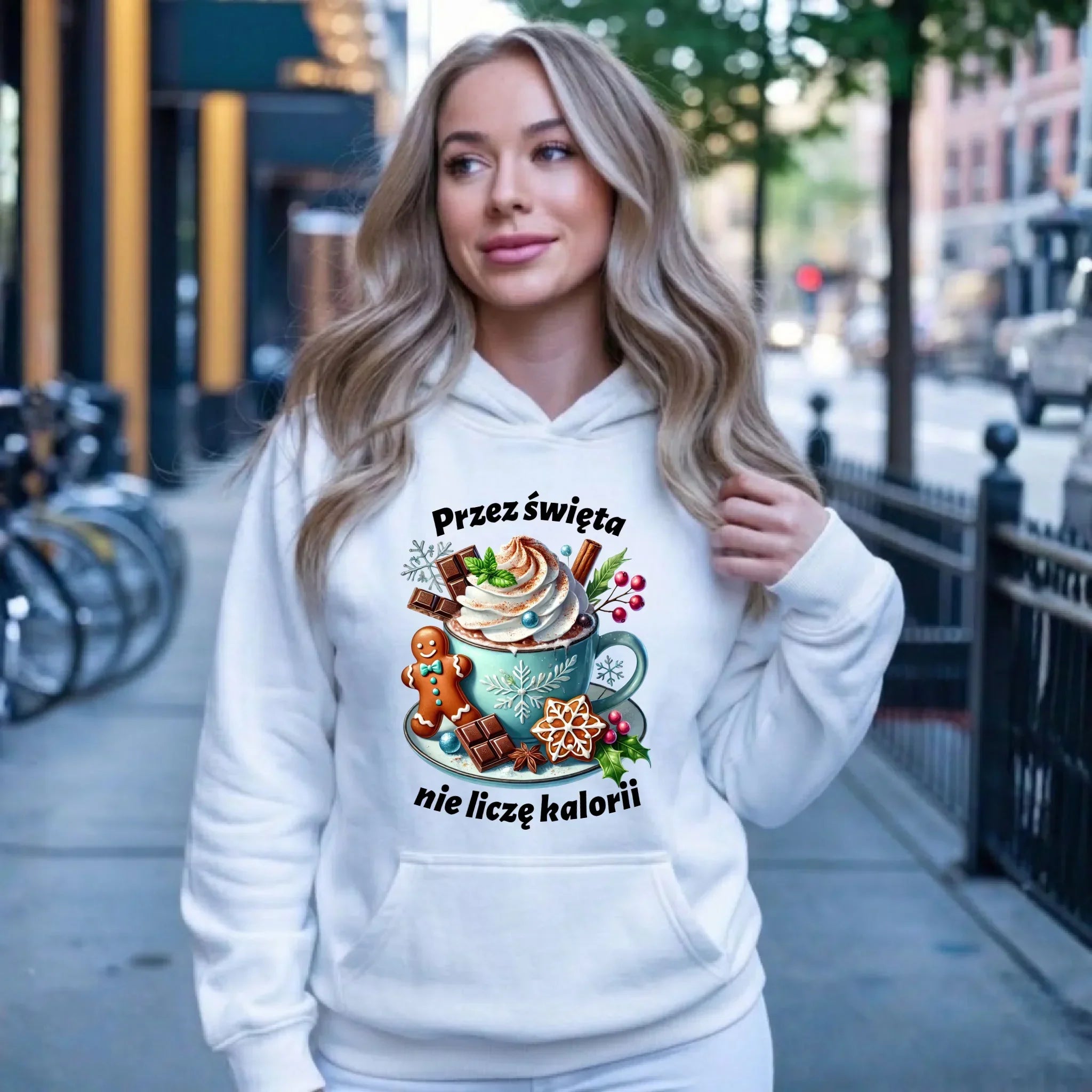 Bluza damska z kapturem świąteczna - Przez święta nie liczę kalorii BN31 - StoryCups.pl