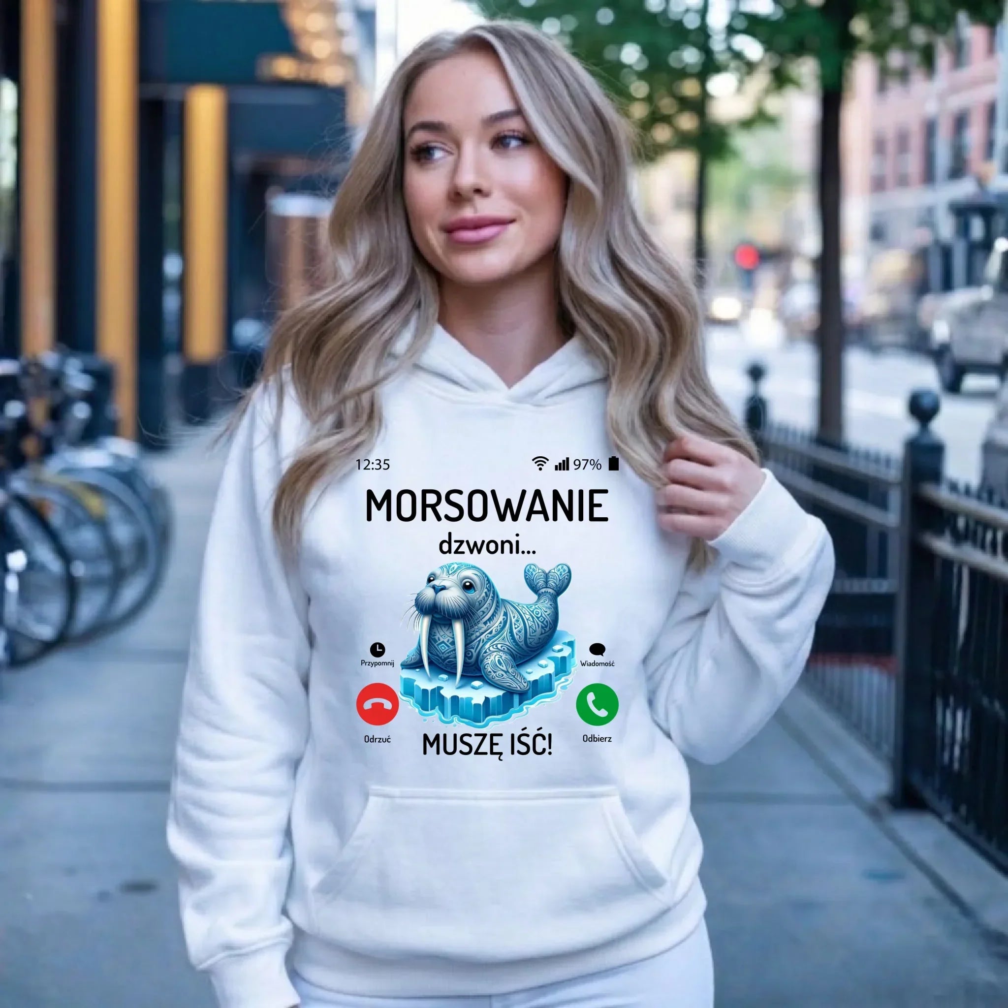 Bluza damska z kapturem - prezent dla morsa - Morsowanie dzwoni muszę iść - Mors HM04 - StoryCups.pl