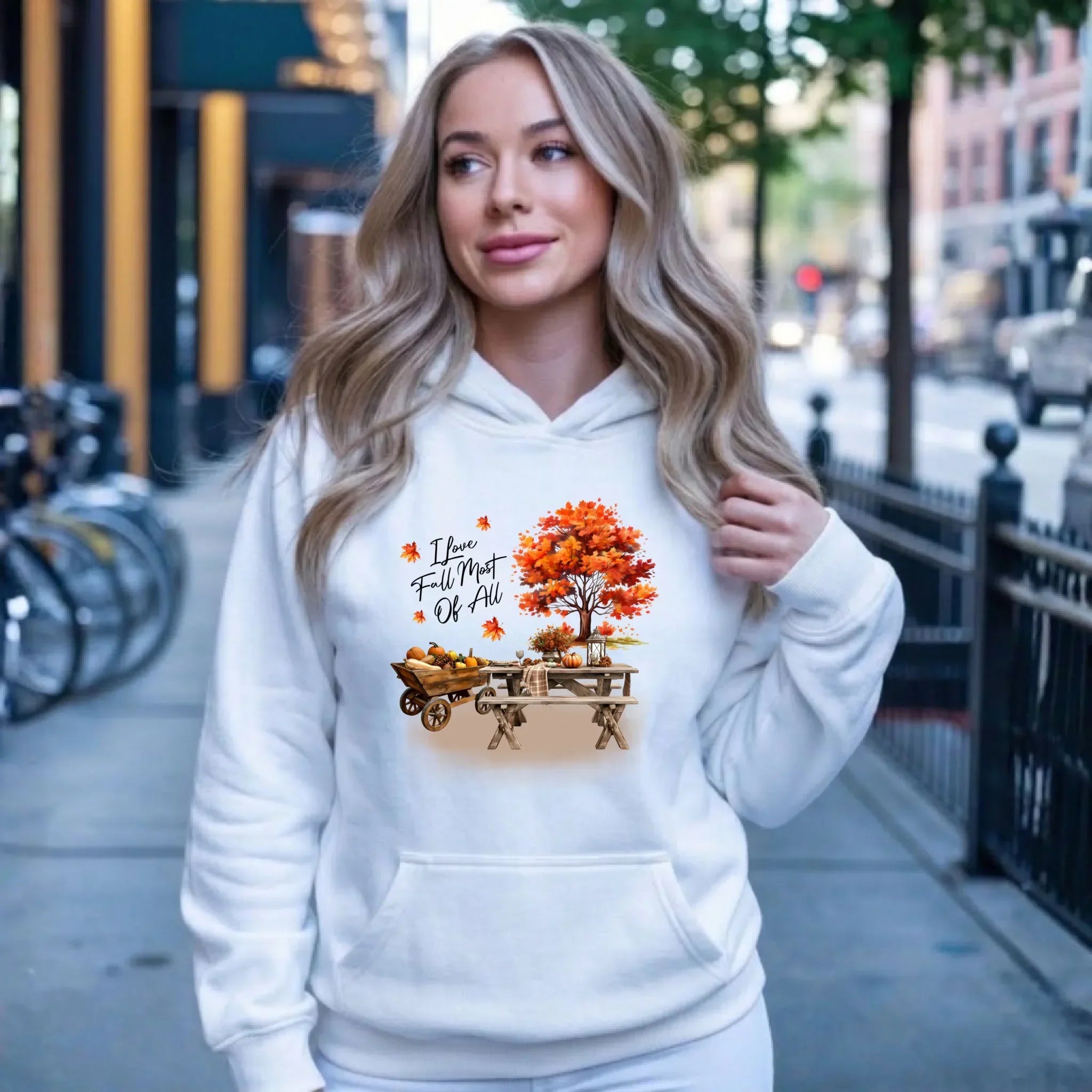 Bluza damska z kapturem jesieniara - Jesienny piknik z dyniami JS04 - StoryCups.pl