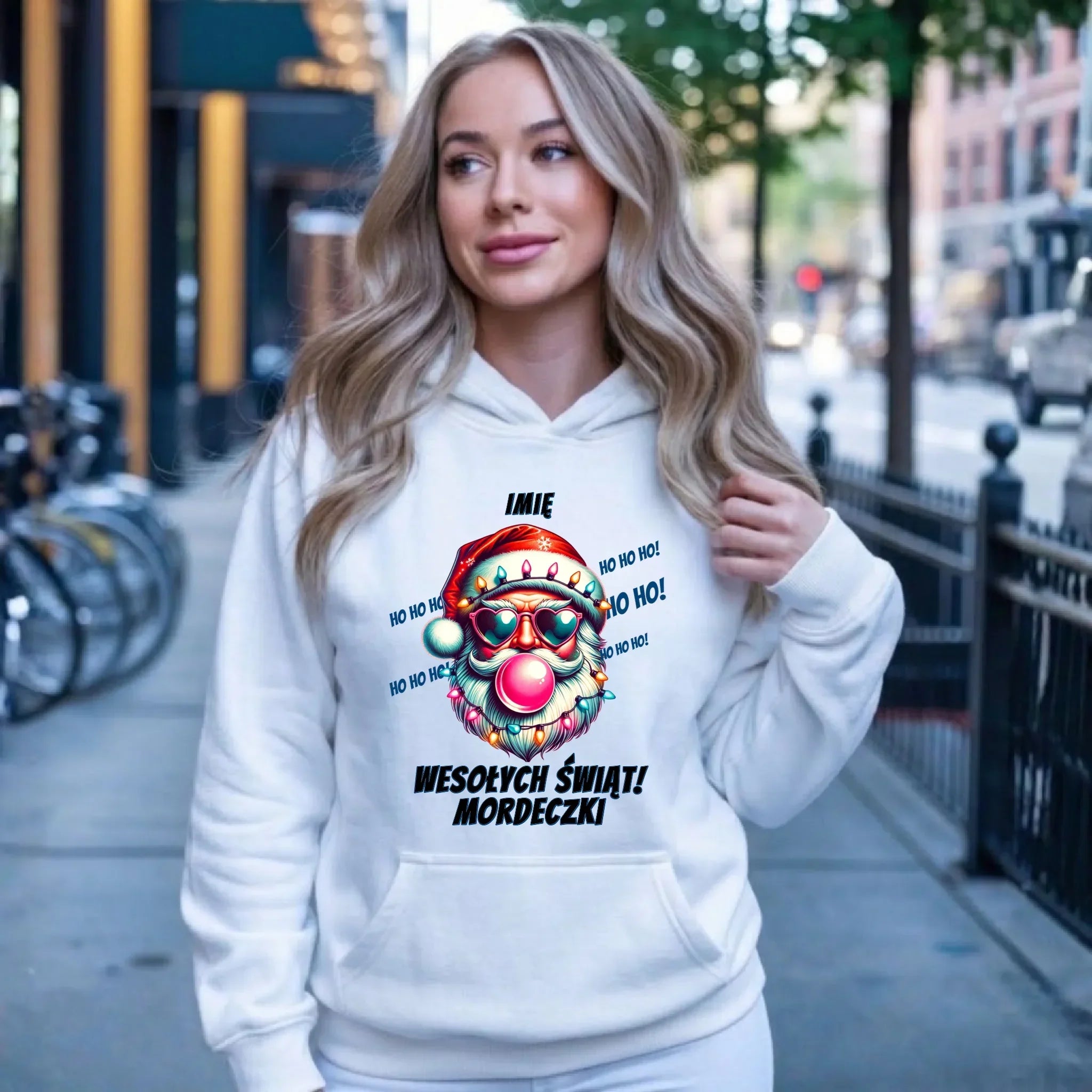 Bluza damska z kapturem świąteczna - Mikołaj Wesołych Świąt Mordeczki - personalizowana BN17 - StoryCups.pl