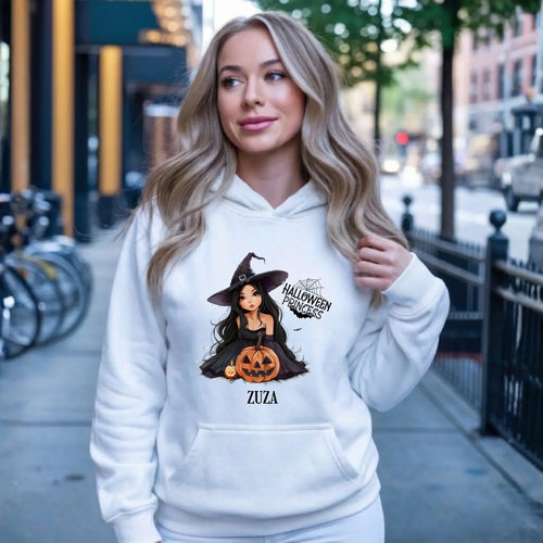 Bluza damska z kapturem halloweenowa - Czarownica z dynią - personalizowana HL10 - StoryCups.pl
