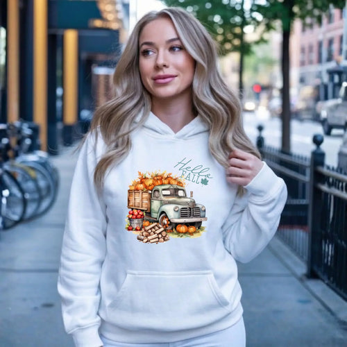 Bluza damska z kapturem – Hello Fall ciężarówka z dyniami JS08 - StoryCups.pl