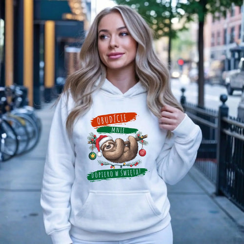 Bluza damska z kapturem świąteczna - Leniwiec - Obudźcie mnie dopiero w święta BN02 - StoryCups.pl