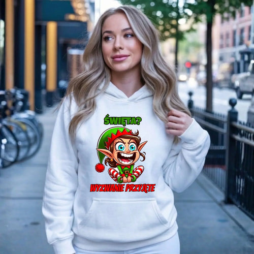 Bluza damska z kapturem świąteczna - Skrzat Wyzwanie przyjęte BN100 - StoryCups.pl