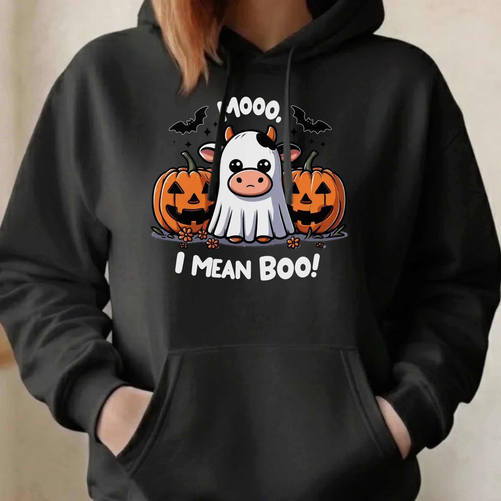 Bluza damska z kapturem na Halloween - Mooo I mean Boo! - z dynią i duchem HL14 - StoryCups.pl