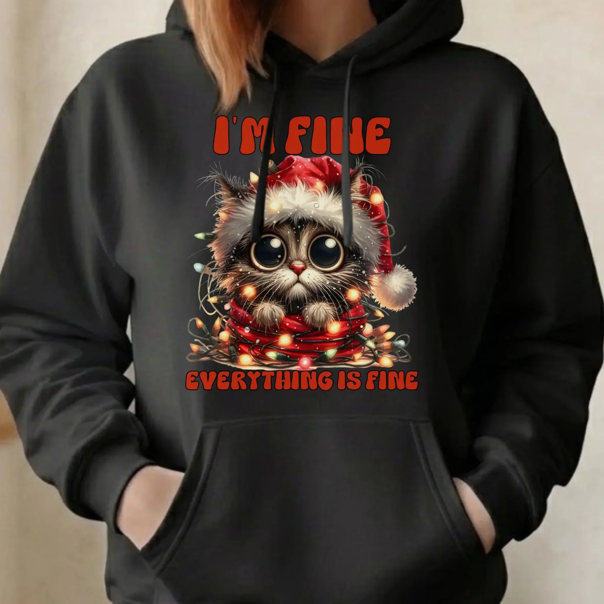 Bluza damska z kapturem świąteczna - Kotek I'm fine everything is fine BN67 - StoryCups.pl