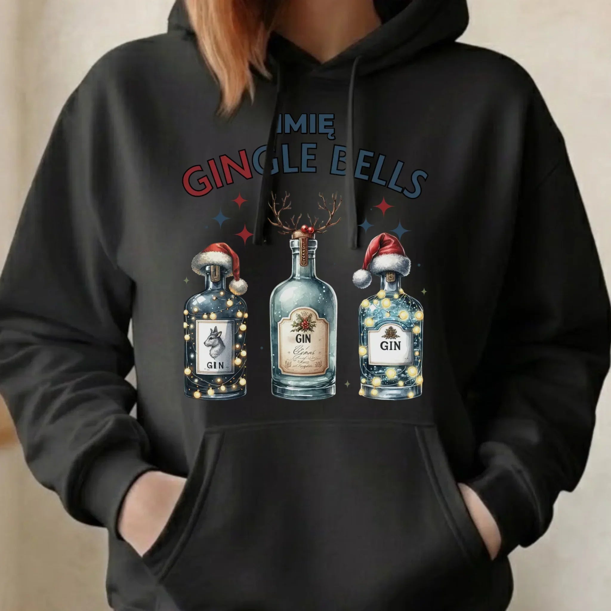 Bluza damska z kapturem świąteczna - Gin Gingle bells - personalizowana BN68 - StoryCups.pl
