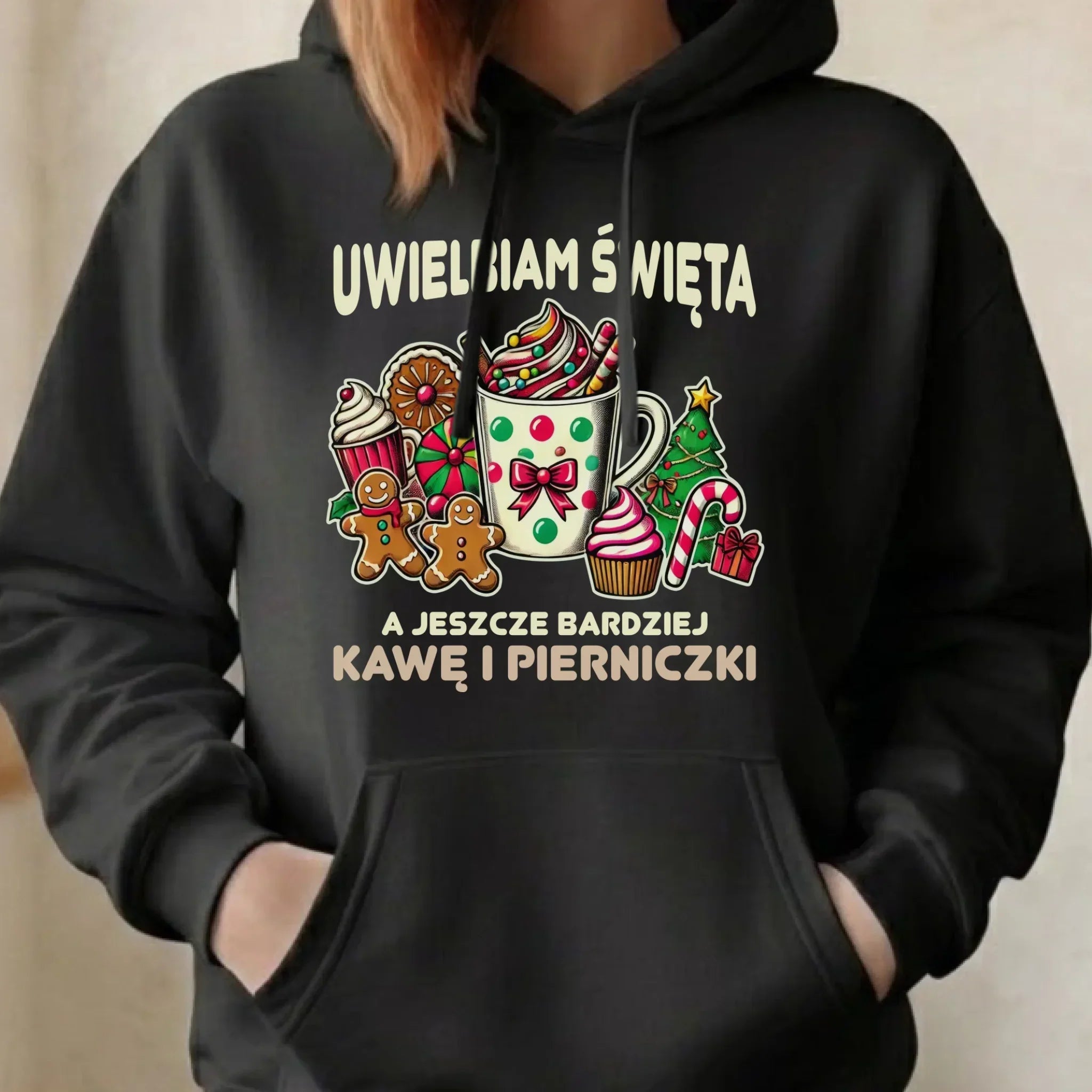 Bluza damska z kapturem świąteczna - Uwielbiam święta kawę i pierniczki BN47 - StoryCups.pl