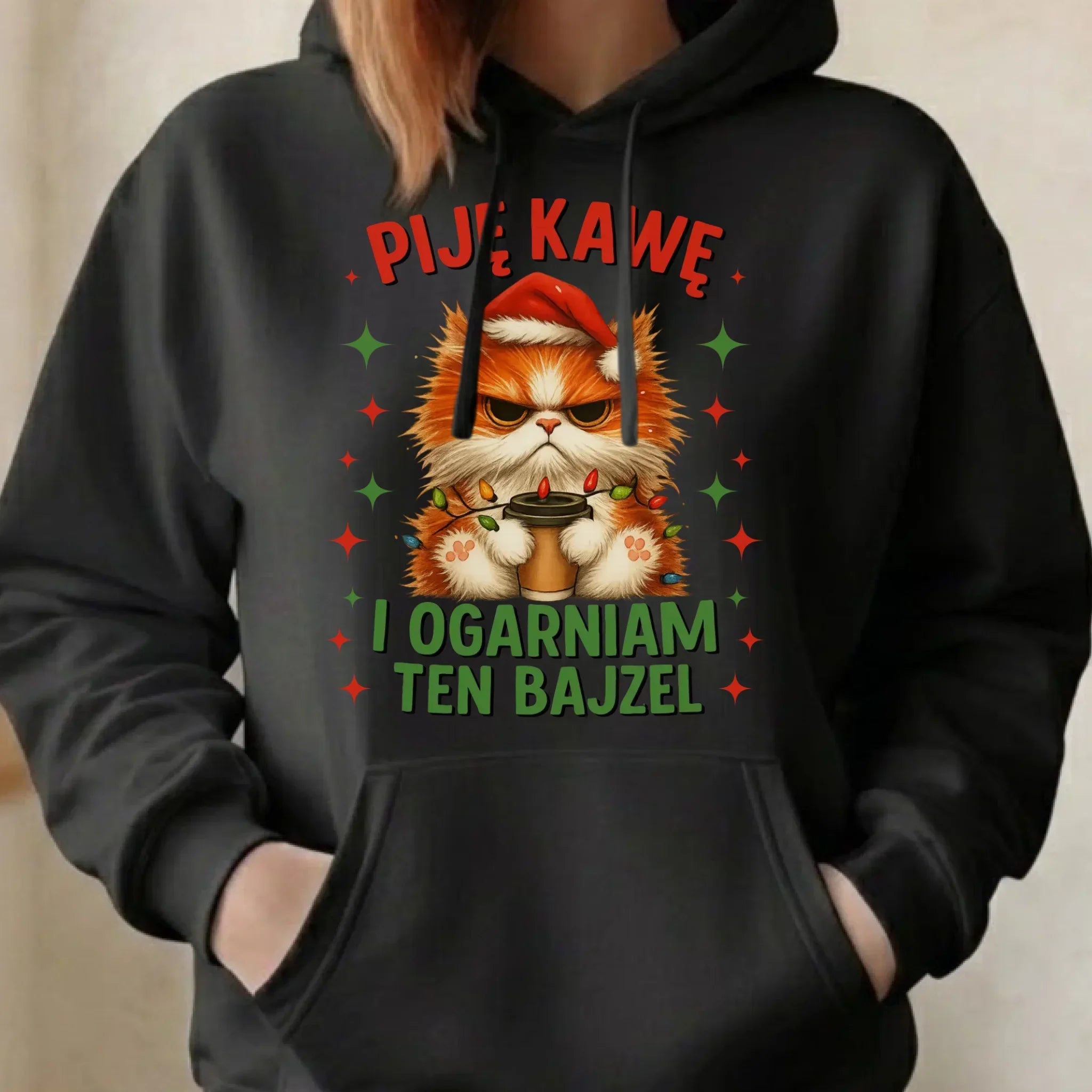 Bluza damska z kapturem świąteczna - Kot Piję kawę i ogarniam ten bajzel BN39 - StoryCups.pl
