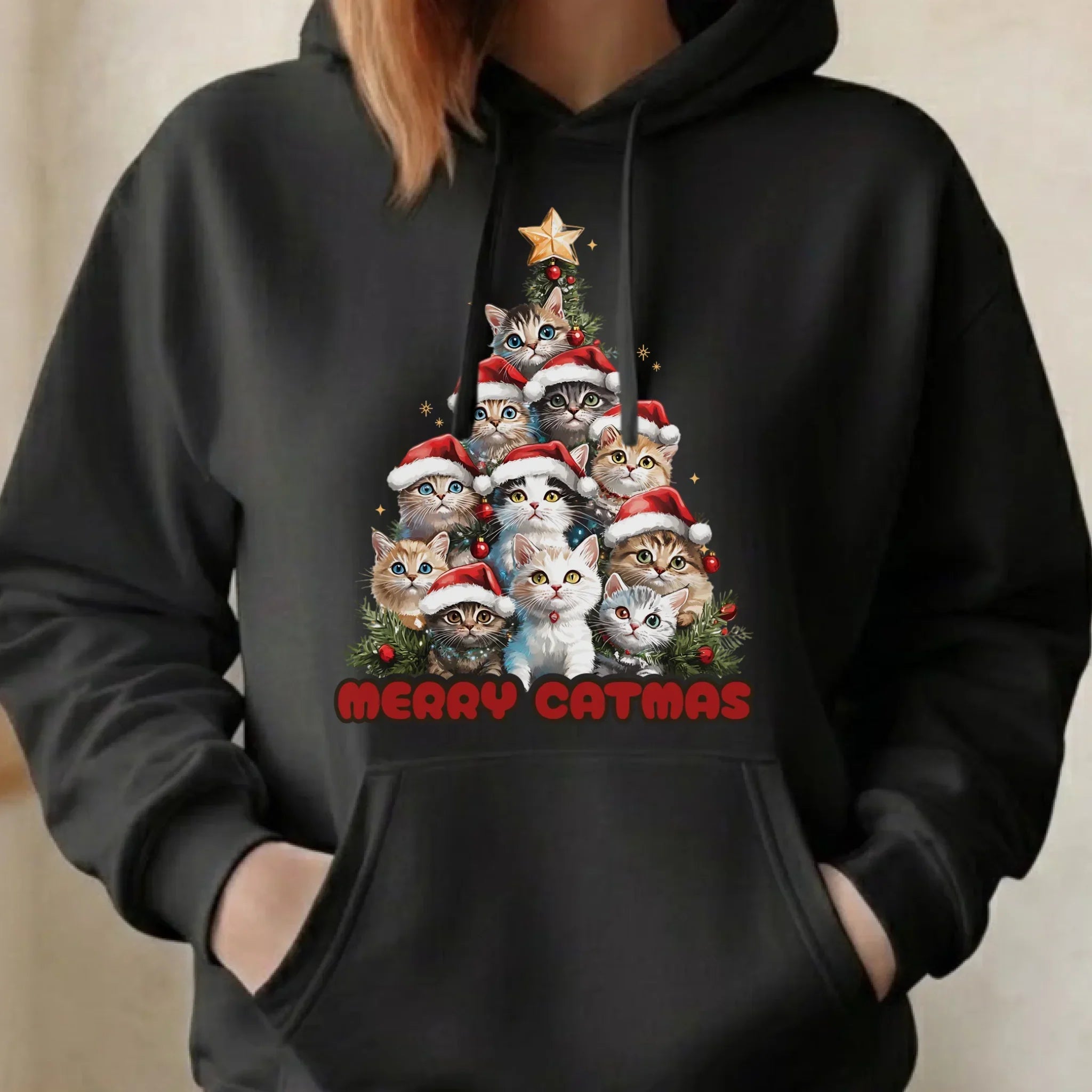 Bluza damska z kapturem świąteczna - Kocia choinka Merry Catmas BN20 - StoryCups.pl