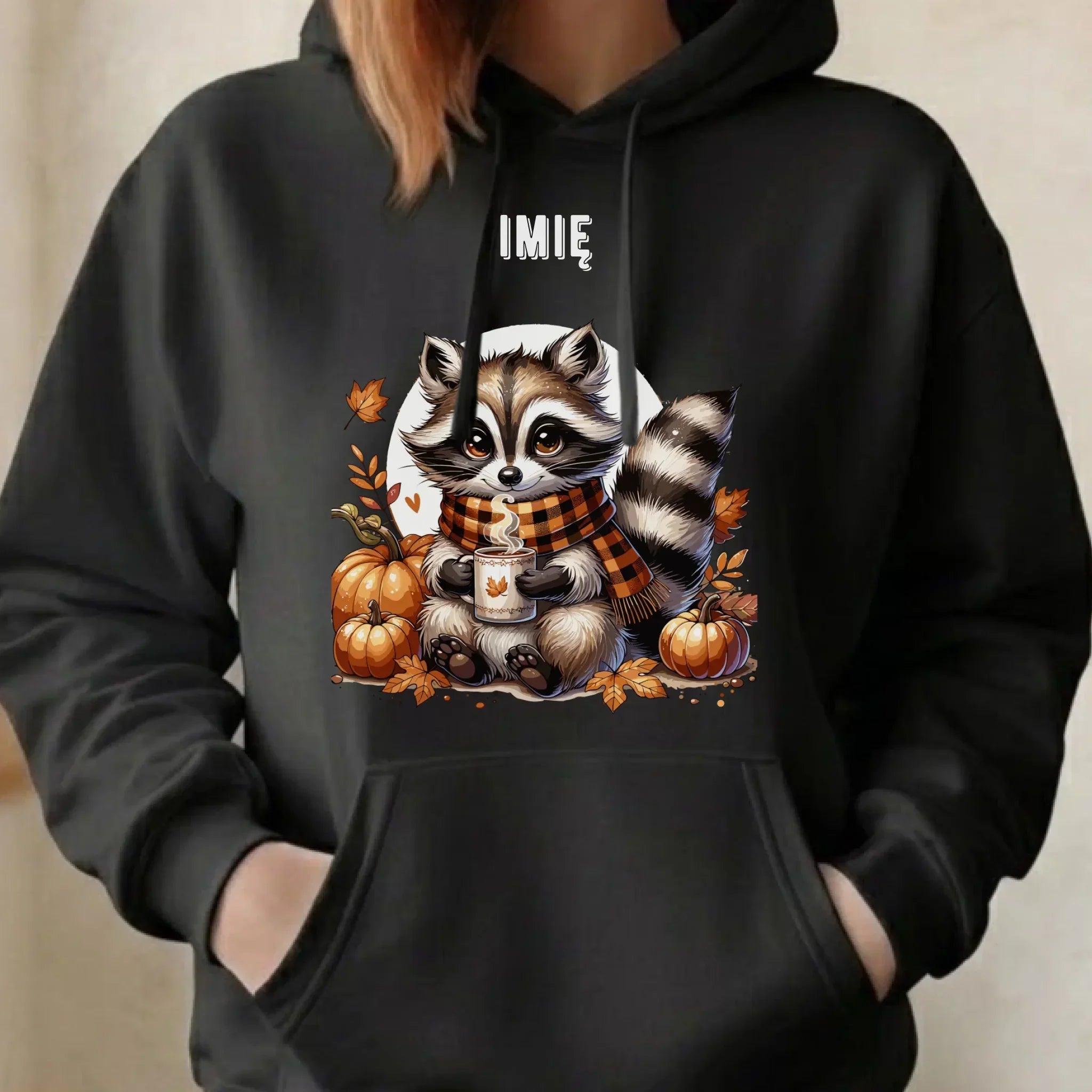 Bluza damska z kapturem jesienna – Szop z kawą i dyniami - personalizowana JS16 - StoryCups.pl