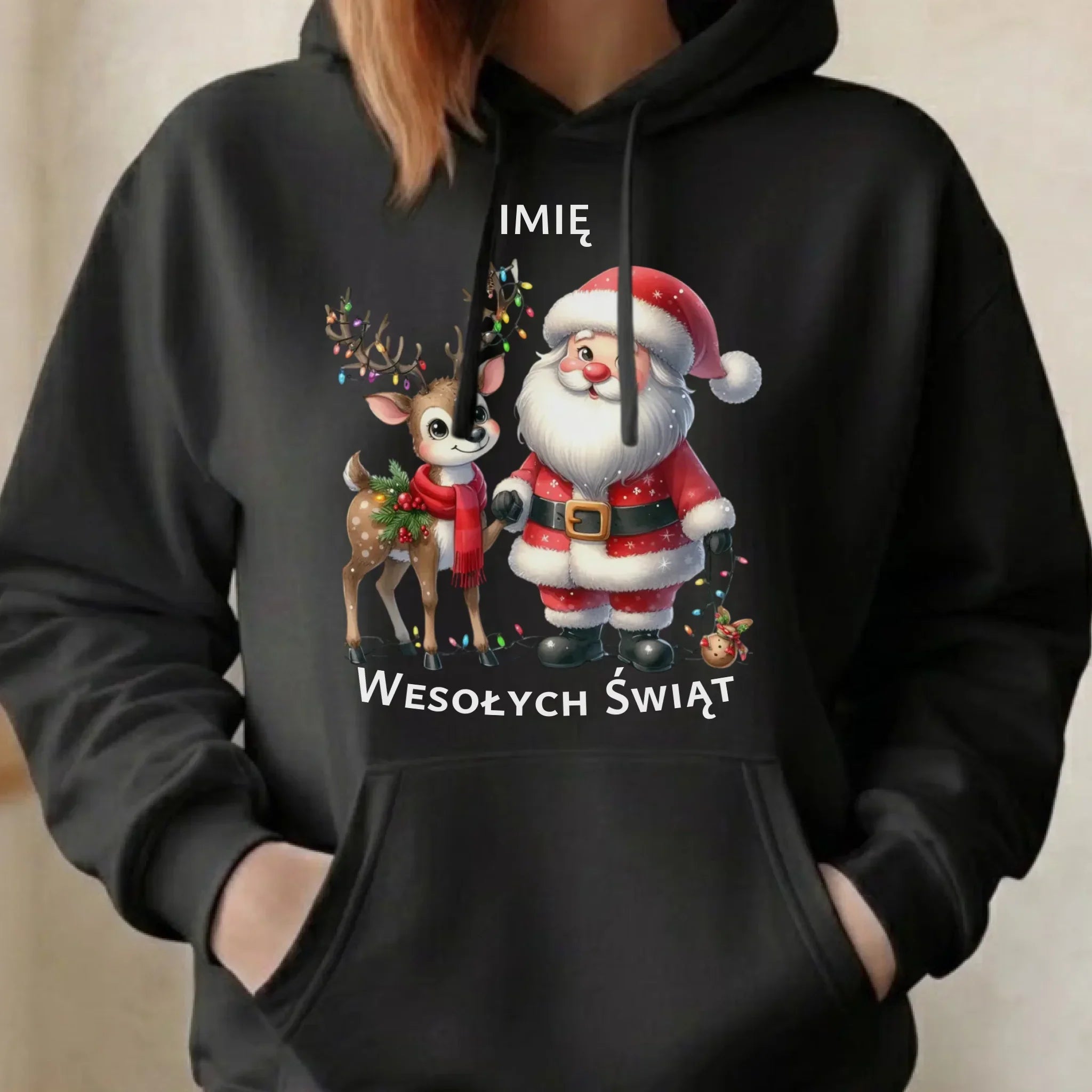 Bluza damska z kapturem świąteczna - Mikołaj z reniferem - personalizowana BN09 - StoryCups.pl