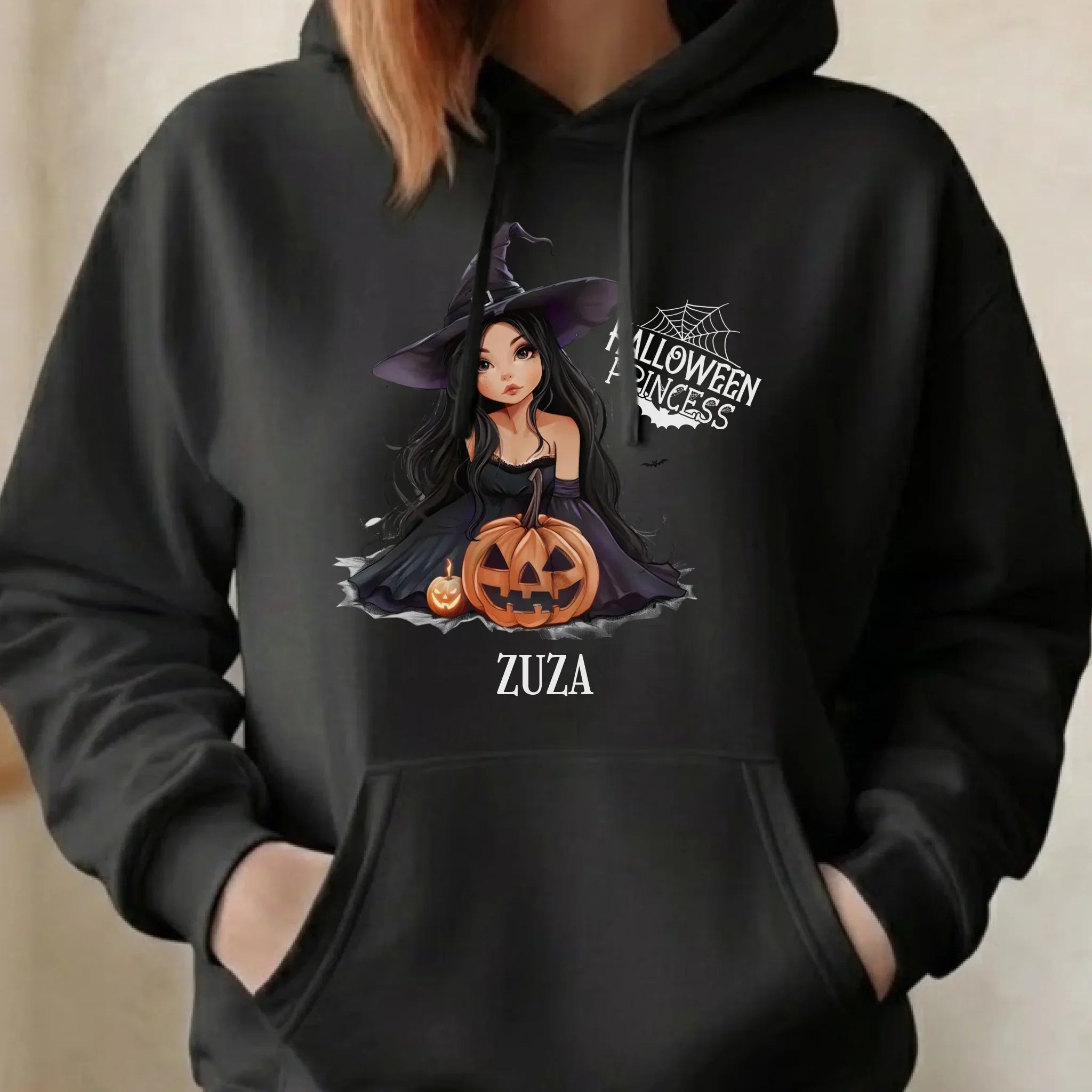 Bluza damska z kapturem halloweenowa - Czarownica z dynią - personalizowana HL10 - StoryCups.pl