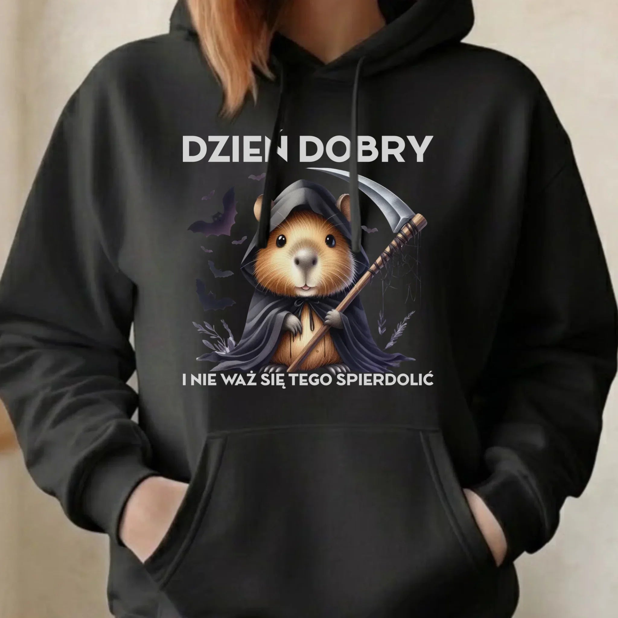 Bluza damska z kapturem na halloween - Kapibara Żniwiarz - Dzień dobry - bez cenzury HL20 - StoryCups.pl