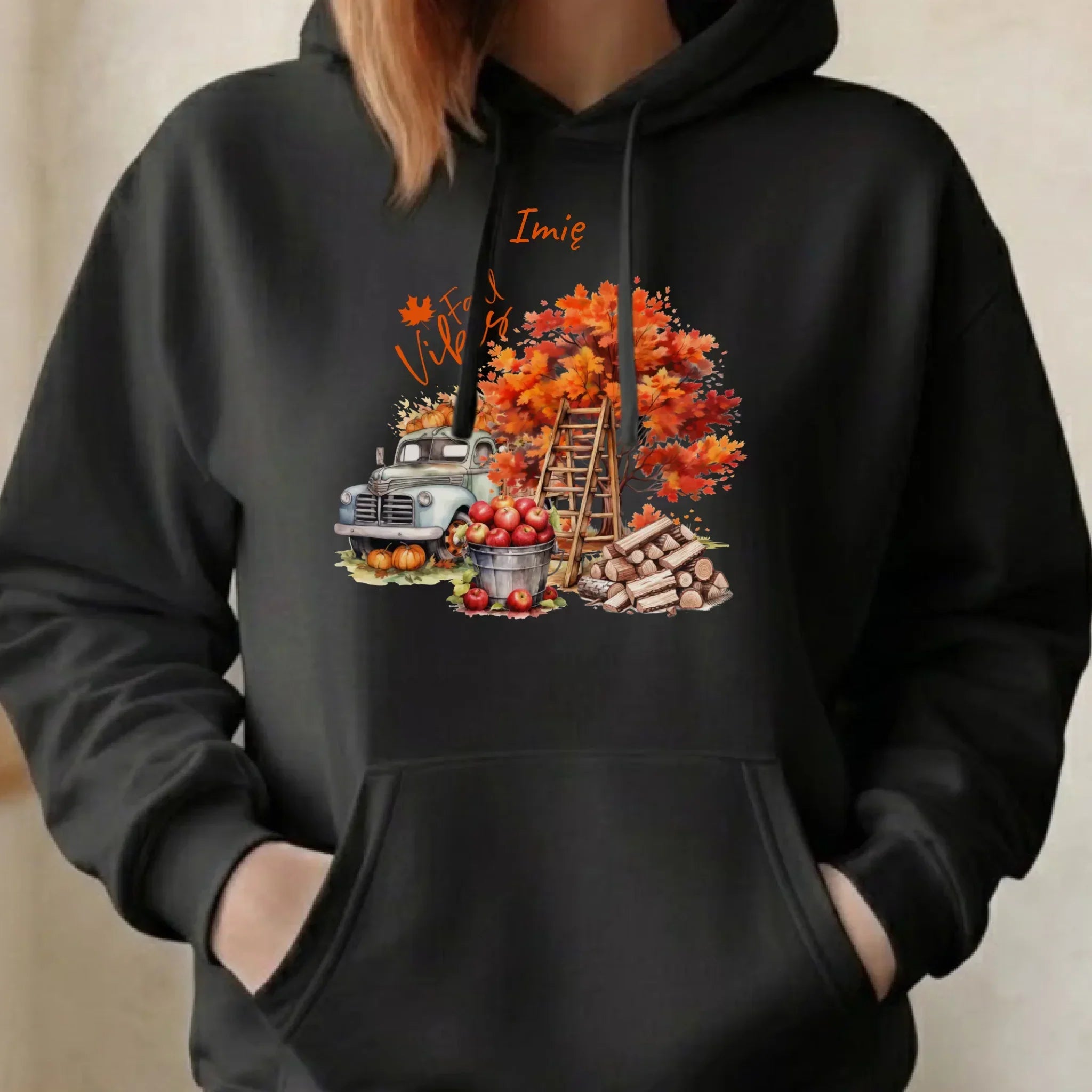 Bluza damska z kapturem jesienna – Vintage auto dynie i jabłka – personalizowana JS07 - StoryCups.pl