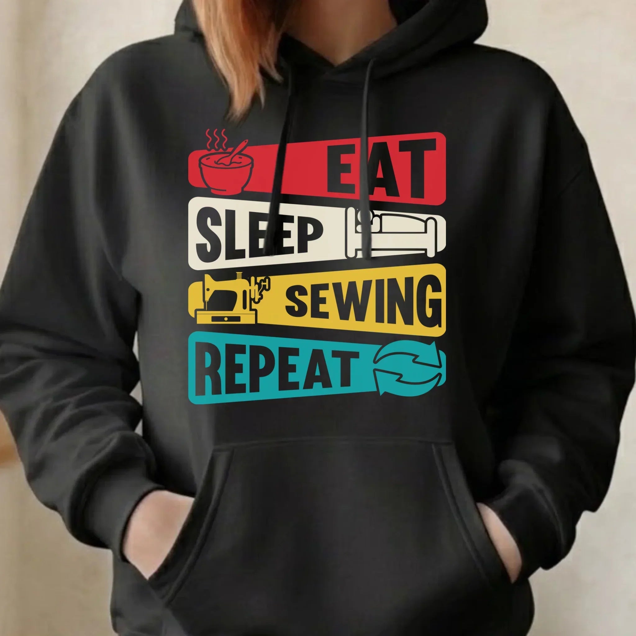 Bluza damska z kapturem szyciowa dla krawcowej - Eat sleep sewing repeat HS21 - StoryCups.pl