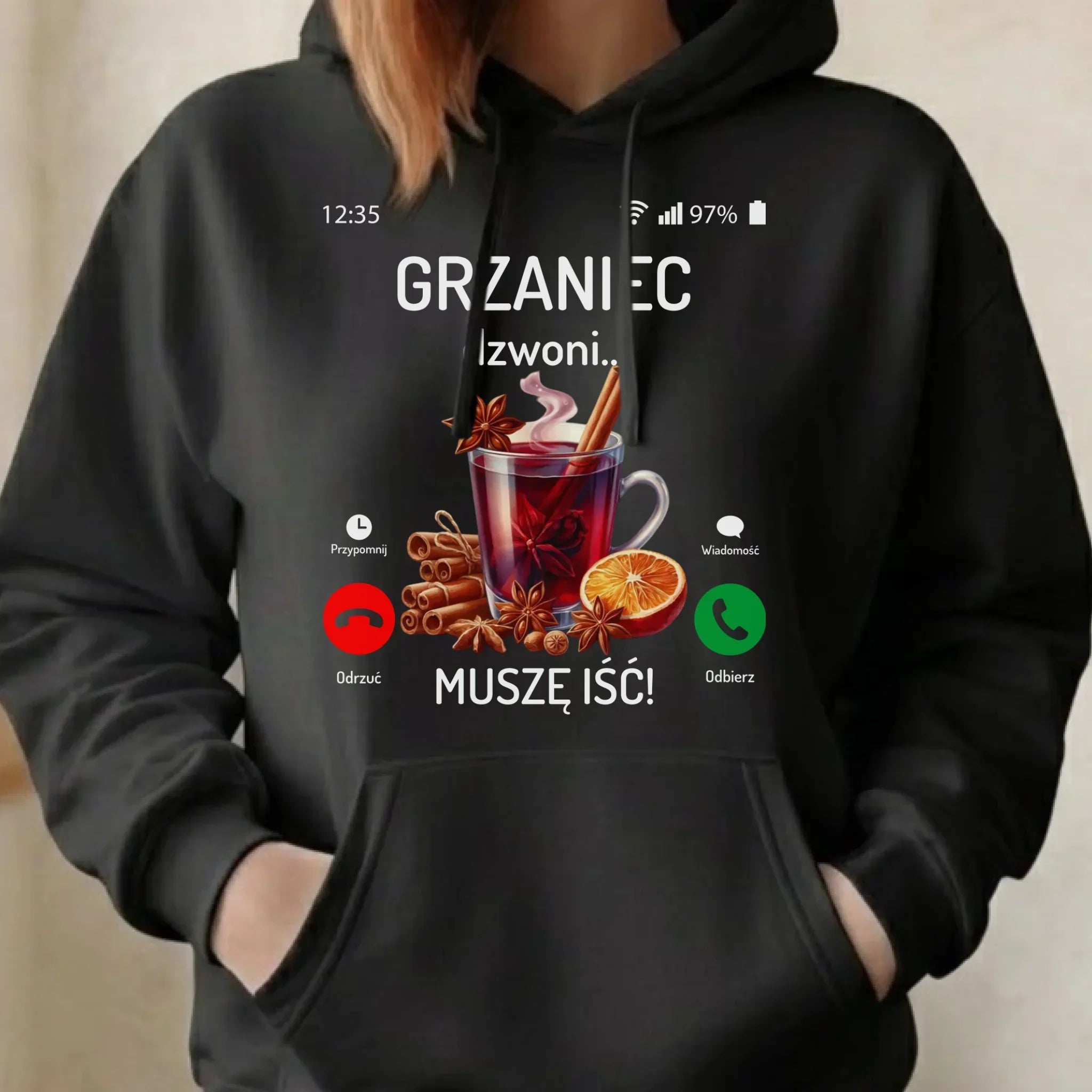 Bluza damska z kapturem świąteczna - Grzaniec dzwoni, muszę iść BN127 - StoryCups.pl