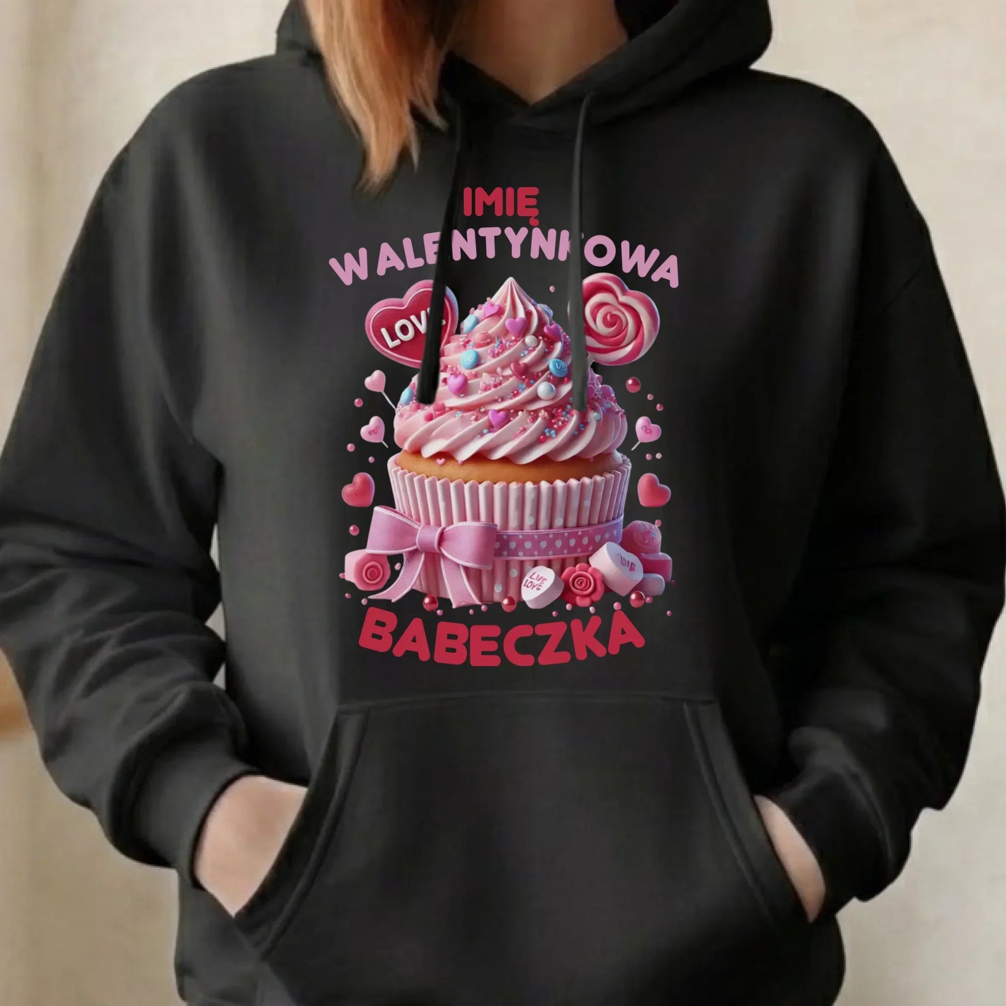 Bluza damska z kapturem na Walentynki - Walentynkowa Babeczka - personalizowana W21 - StoryCups.pl
