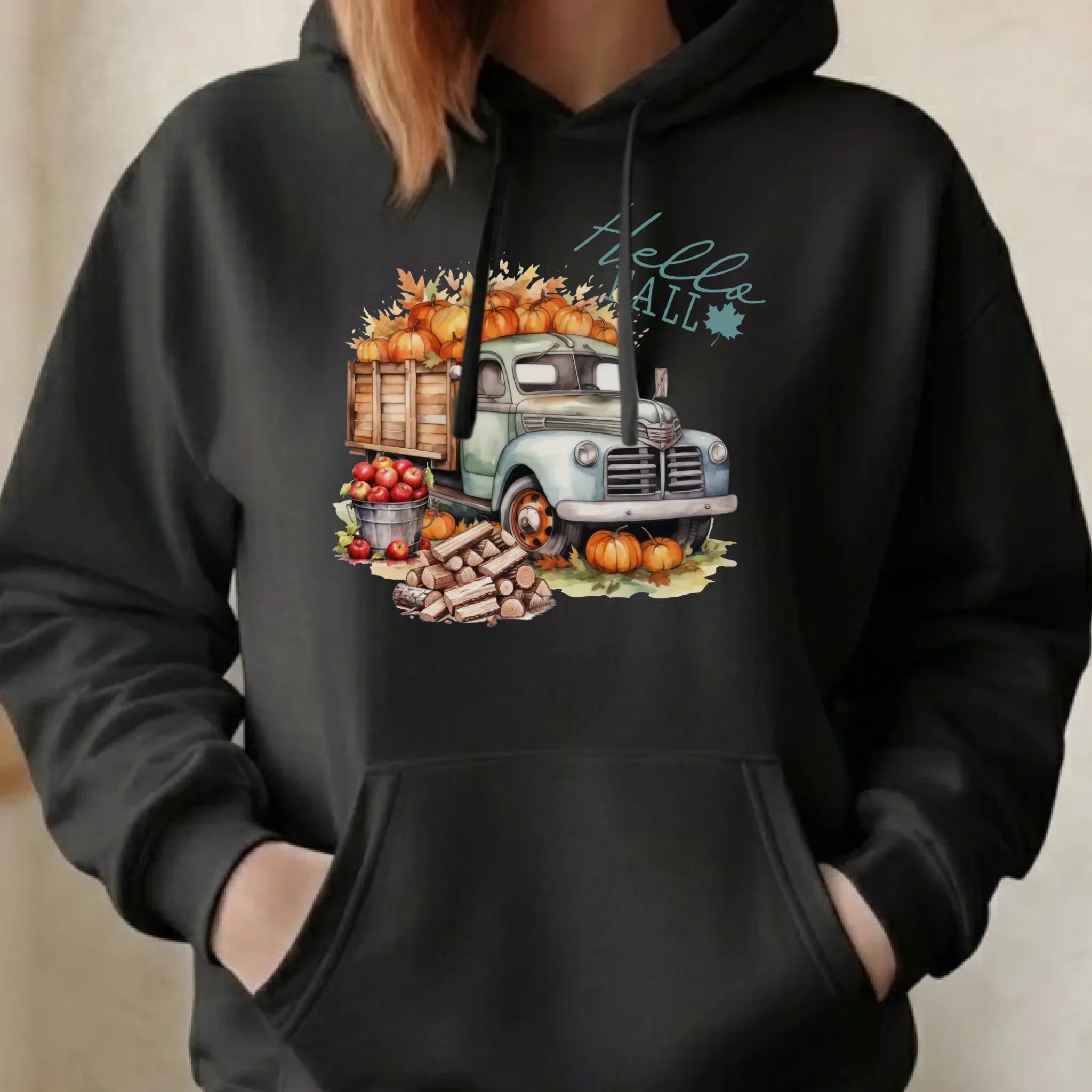Bluza damska z kapturem – Hello Fall ciężarówka z dyniami JS08 - StoryCups.pl