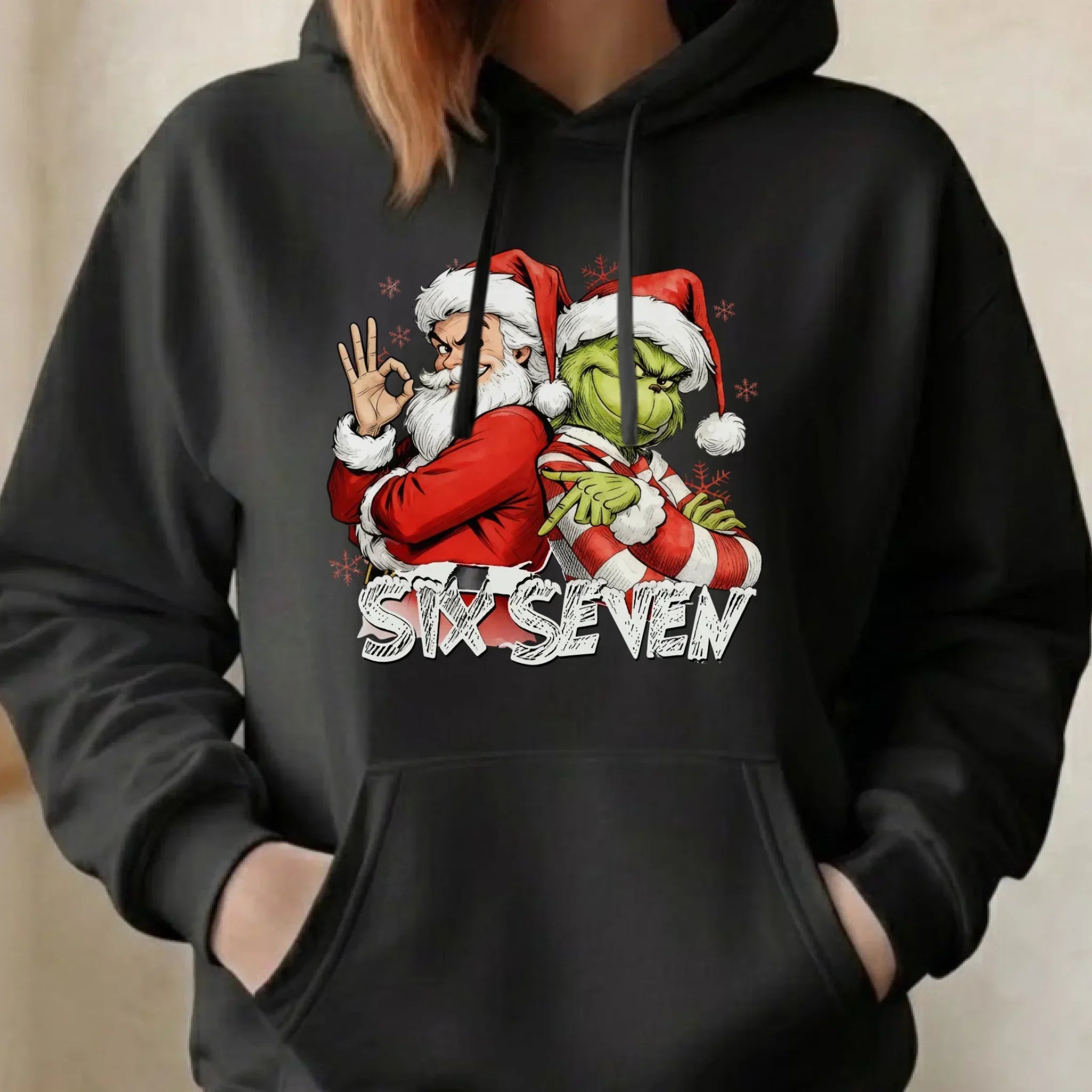 Bluza damska z kapturem świąteczna - Mikołaj i Grinch six seven 67 BN148 - StoryCups.pl
