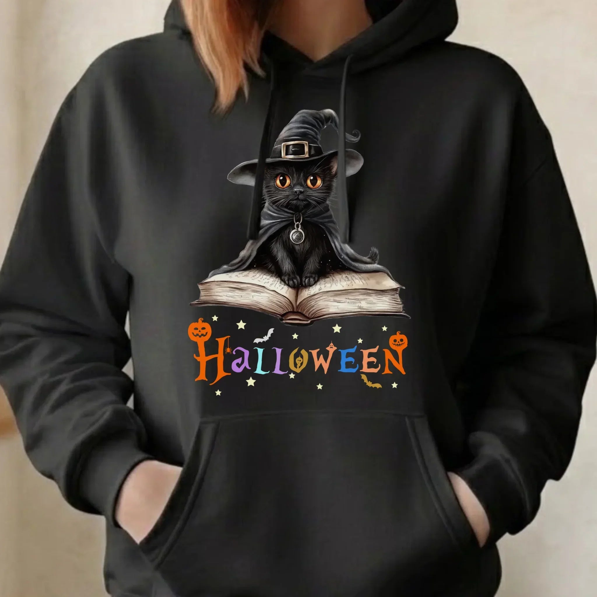 Bluza damska z kapturem na Halloween - Kot Czarodziej HL06 - StoryCups.pl