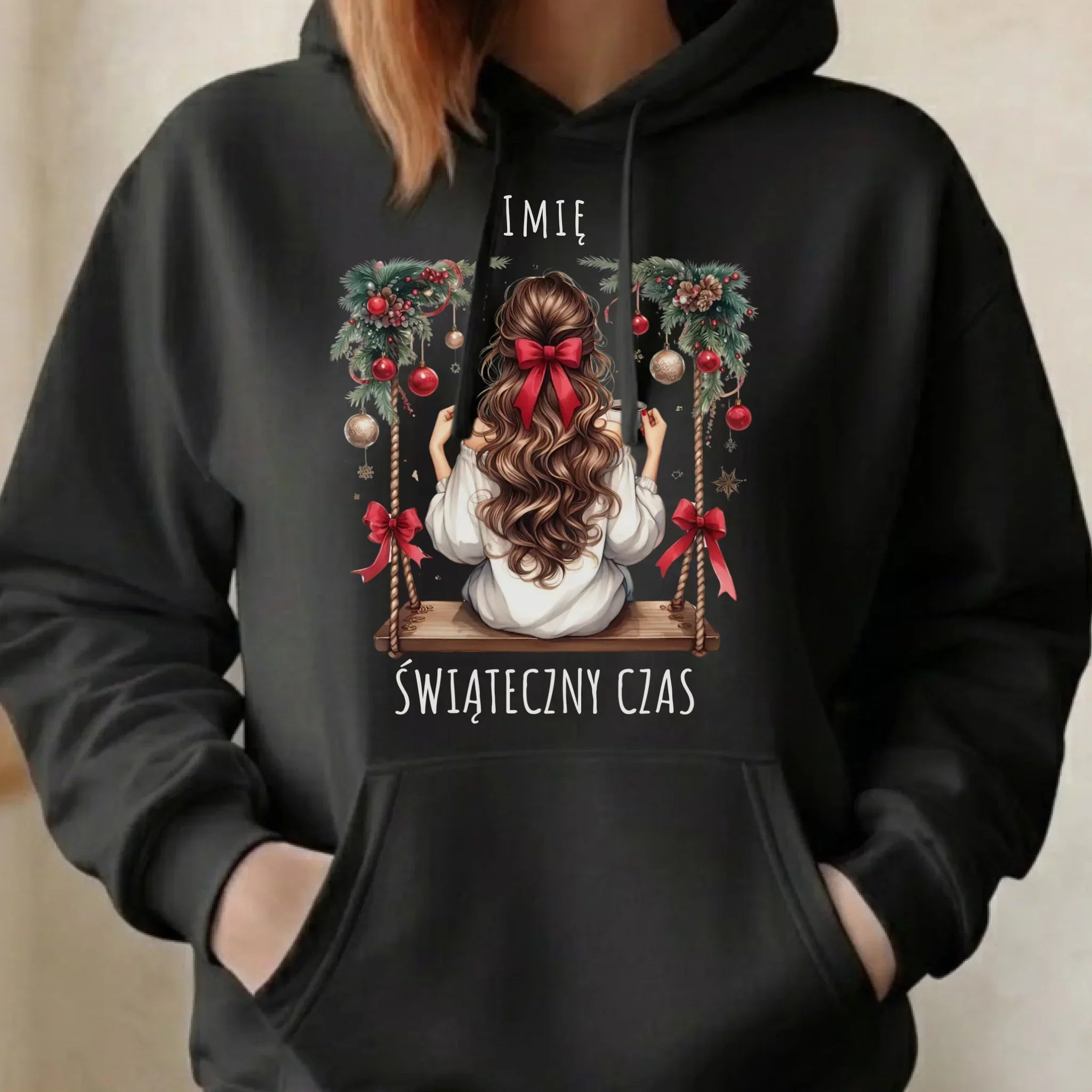 Bluza damska z kapturem świąteczna - Dziewczyna na huśtawce - Świąteczny czas - personalizowana BN105 - StoryCups.pl