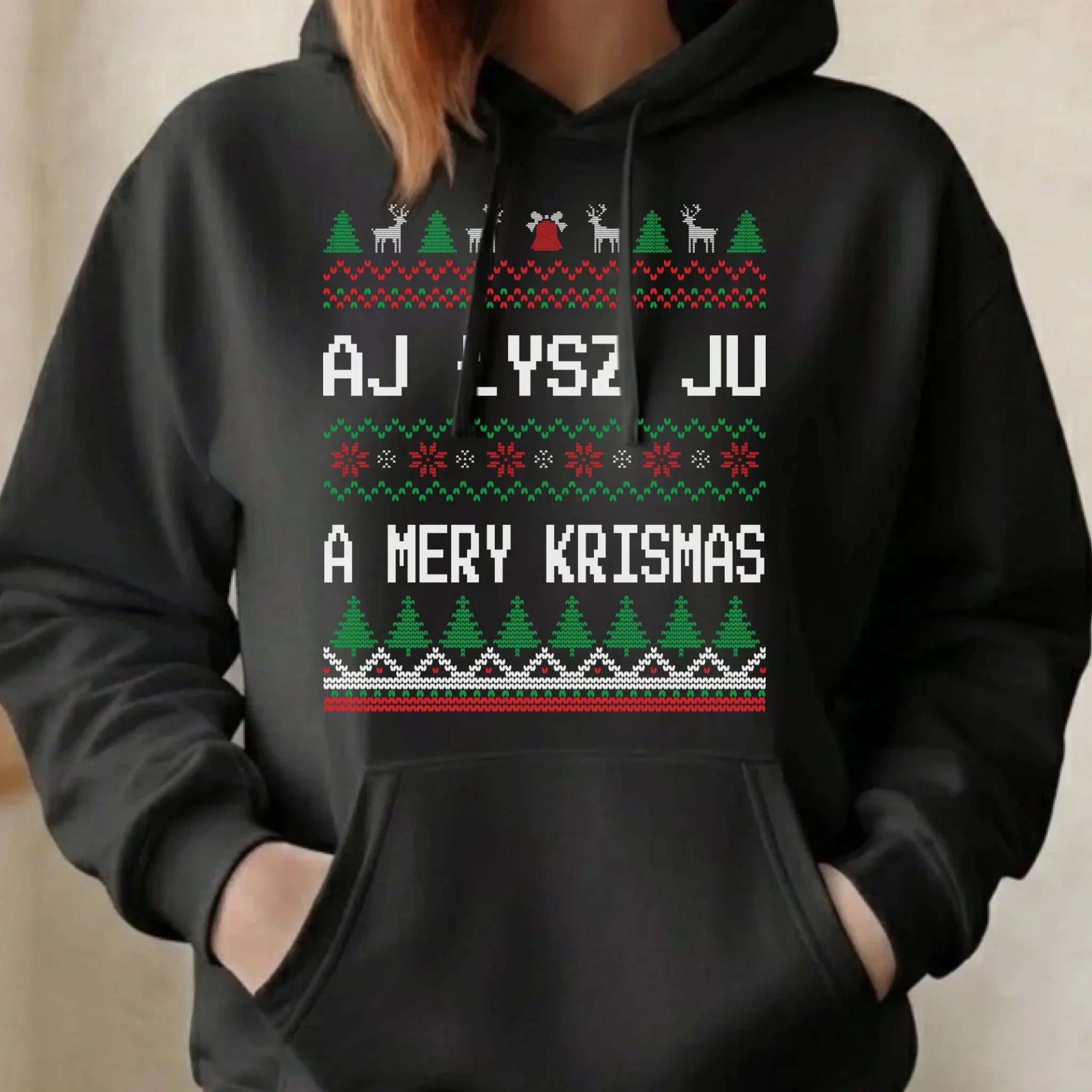 Bluza damska z kapturem świąteczna - Aj łysz ju a mery krismas BN12 - StoryCups.pl