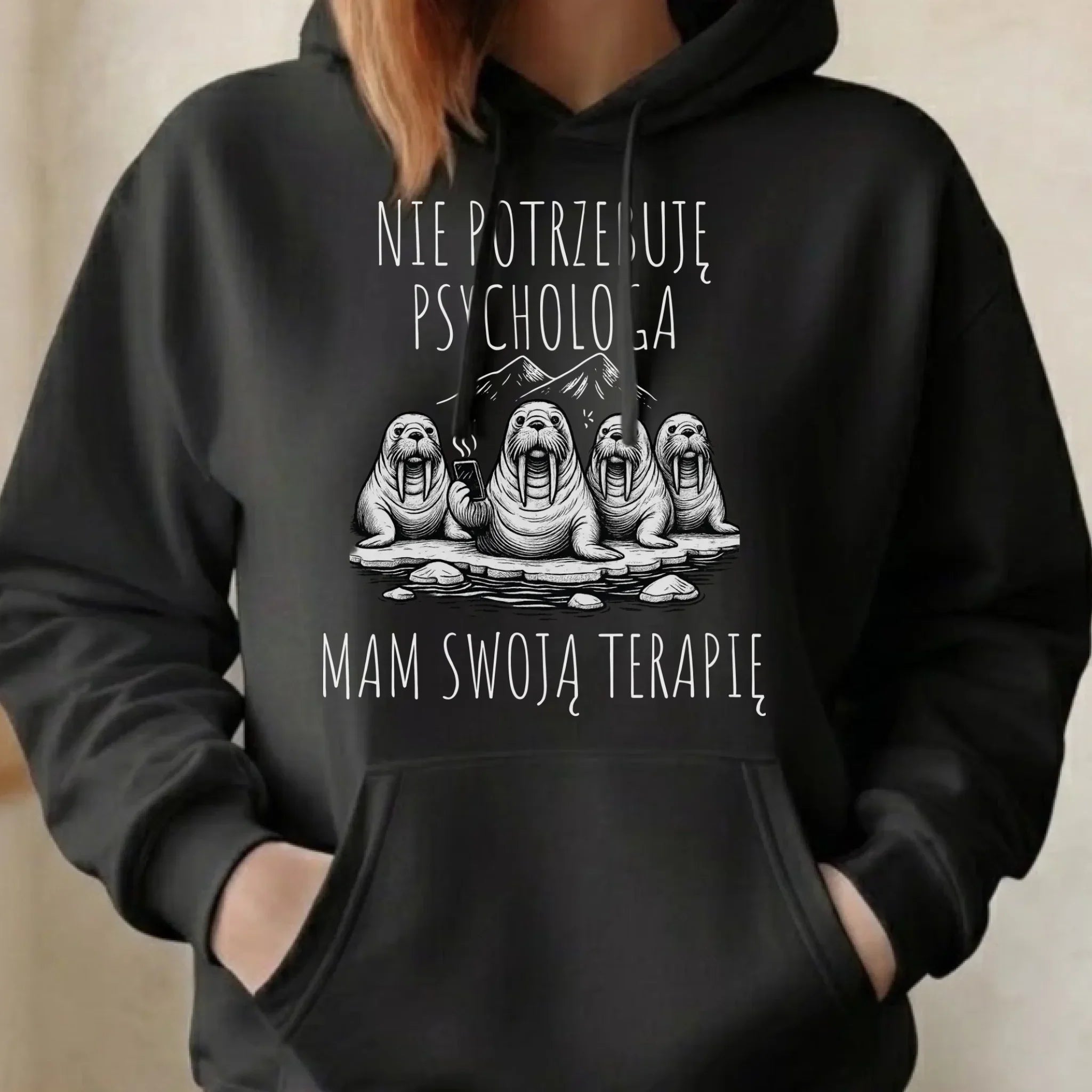 Bluza damska z kapturem - prezent dla morsa - Nie potrzebuję psychologa HM14 - StoryCups.pl