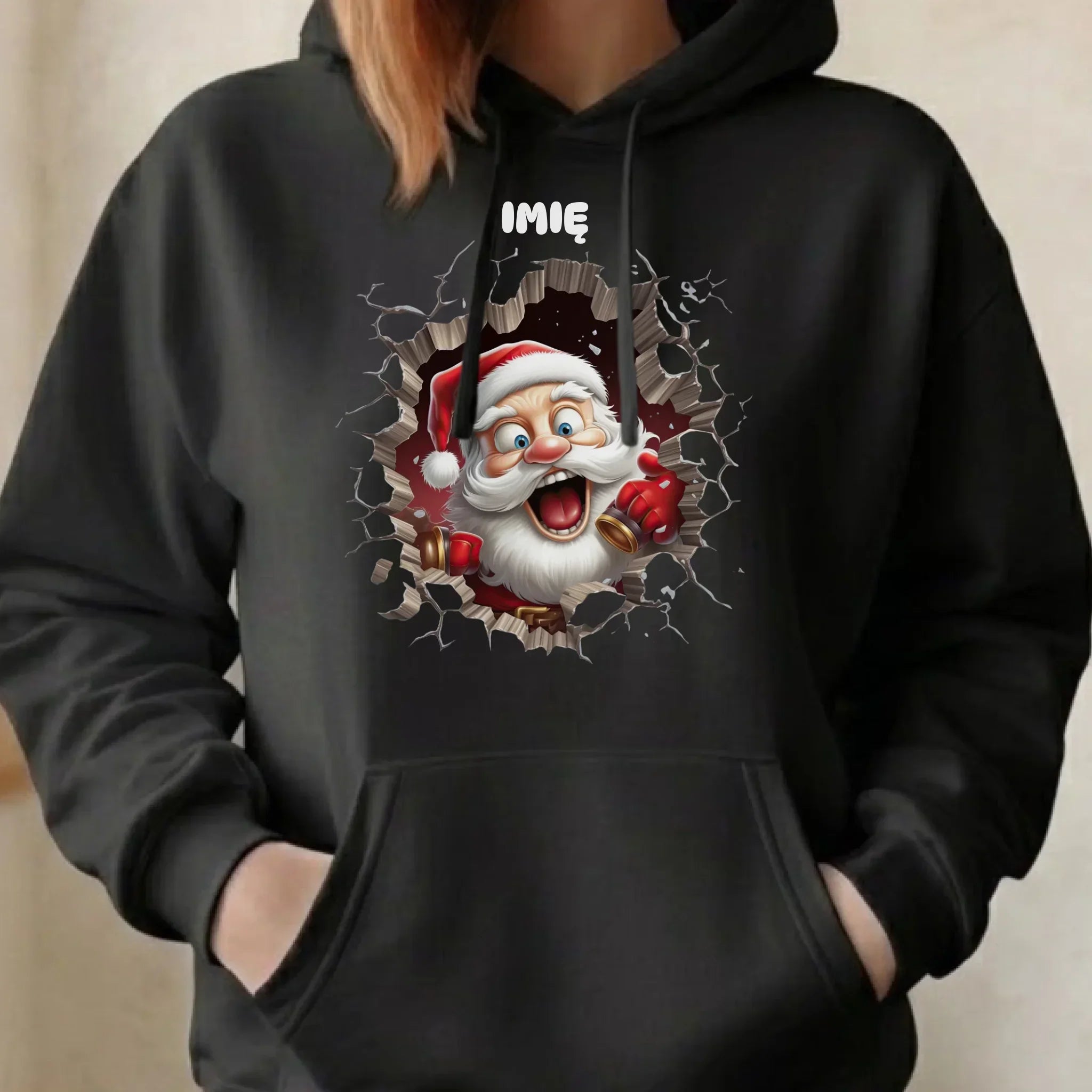 Bluza damska z kapturem świąteczna - Mikołaj 3D - personalizowana BN85 - StoryCups.pl