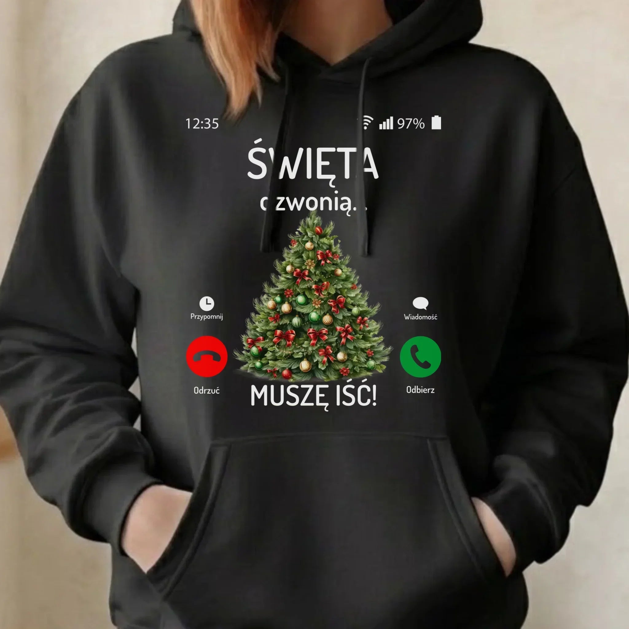 Bluza damska z kapturem świąteczna - Choinka Święta dzwonią muszę iść BN124 - StoryCups.pl