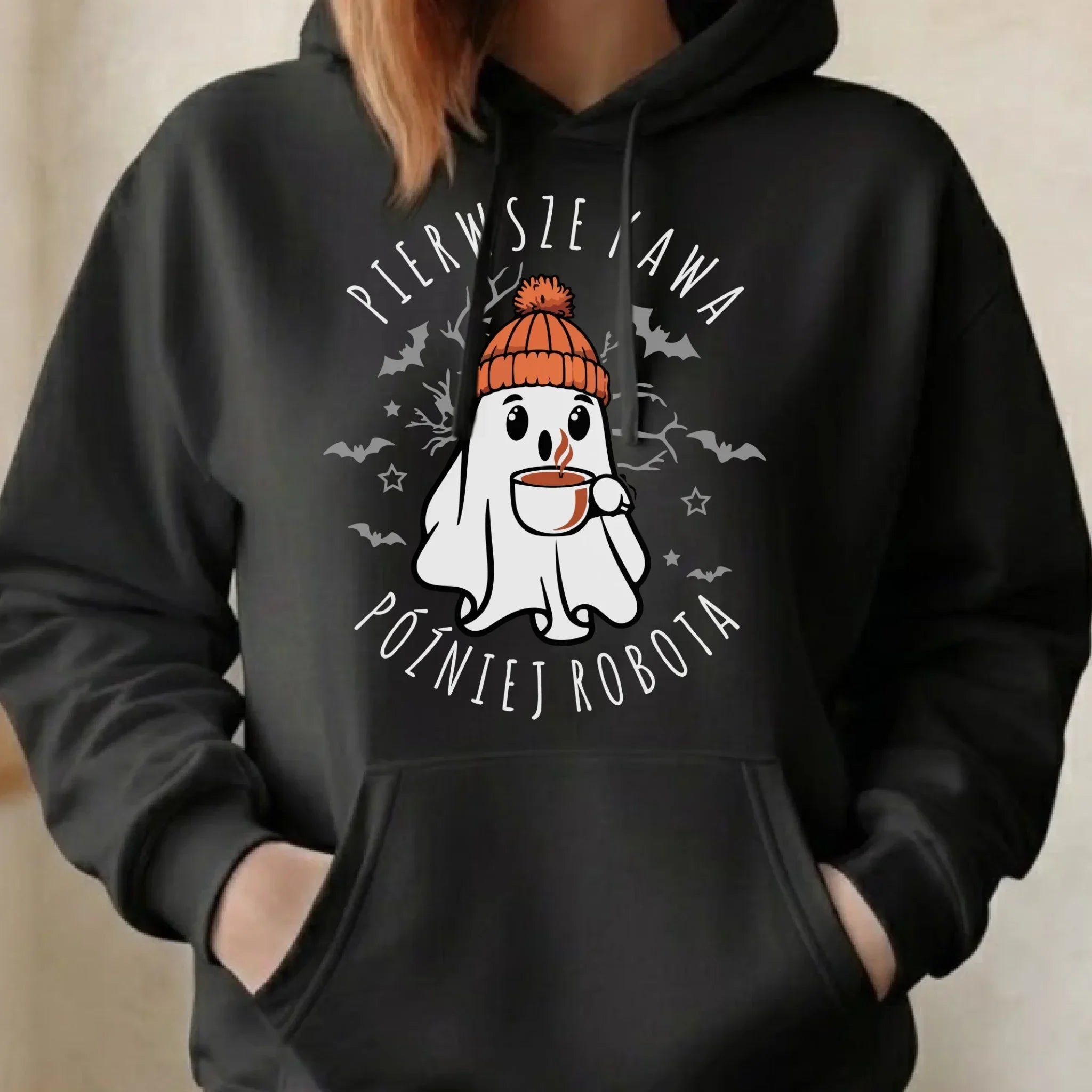 Bluza damska z kapturem na Halloween - Duch z kawą - Pierwsze kawa później robota HL01 - StoryCups.pl
