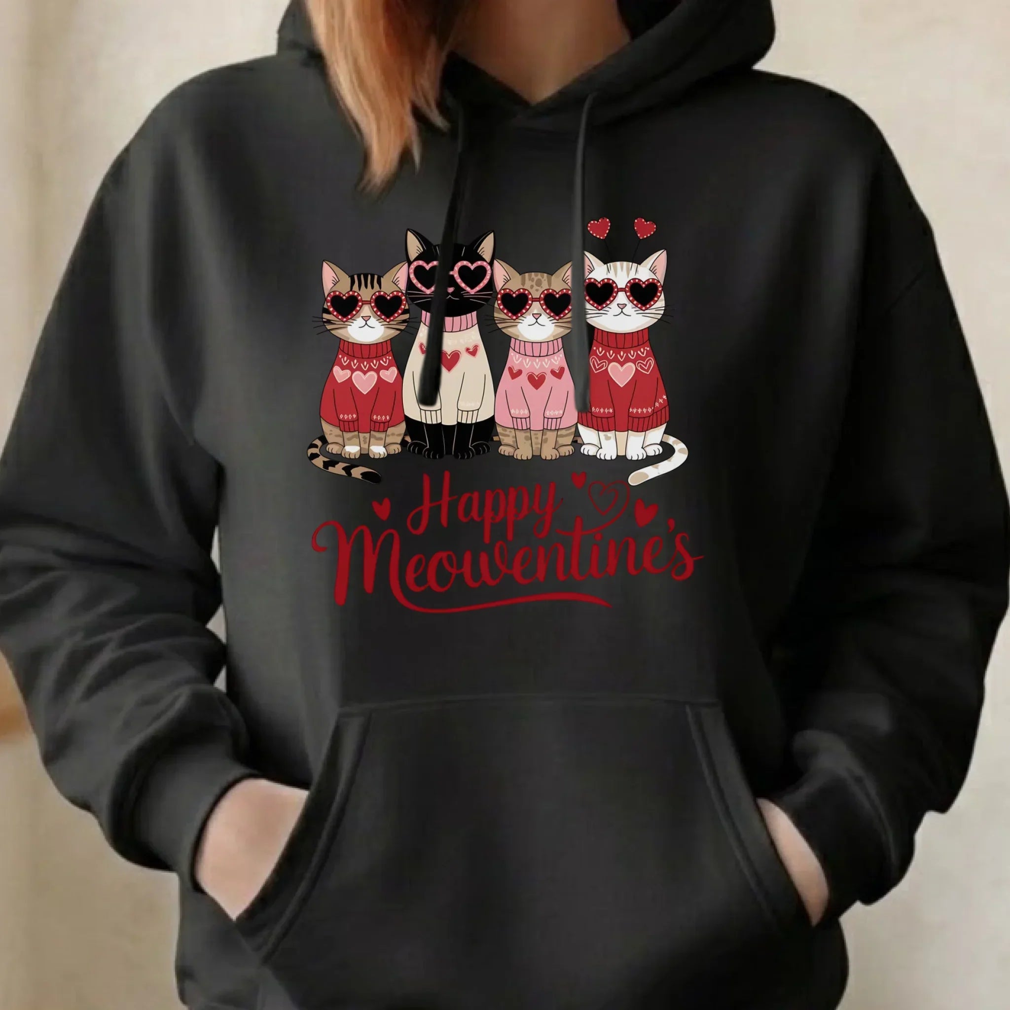 Bluza damska z kapturem na Walentynki dla kociary - Happy Meowentine's W25 - StoryCups.pl