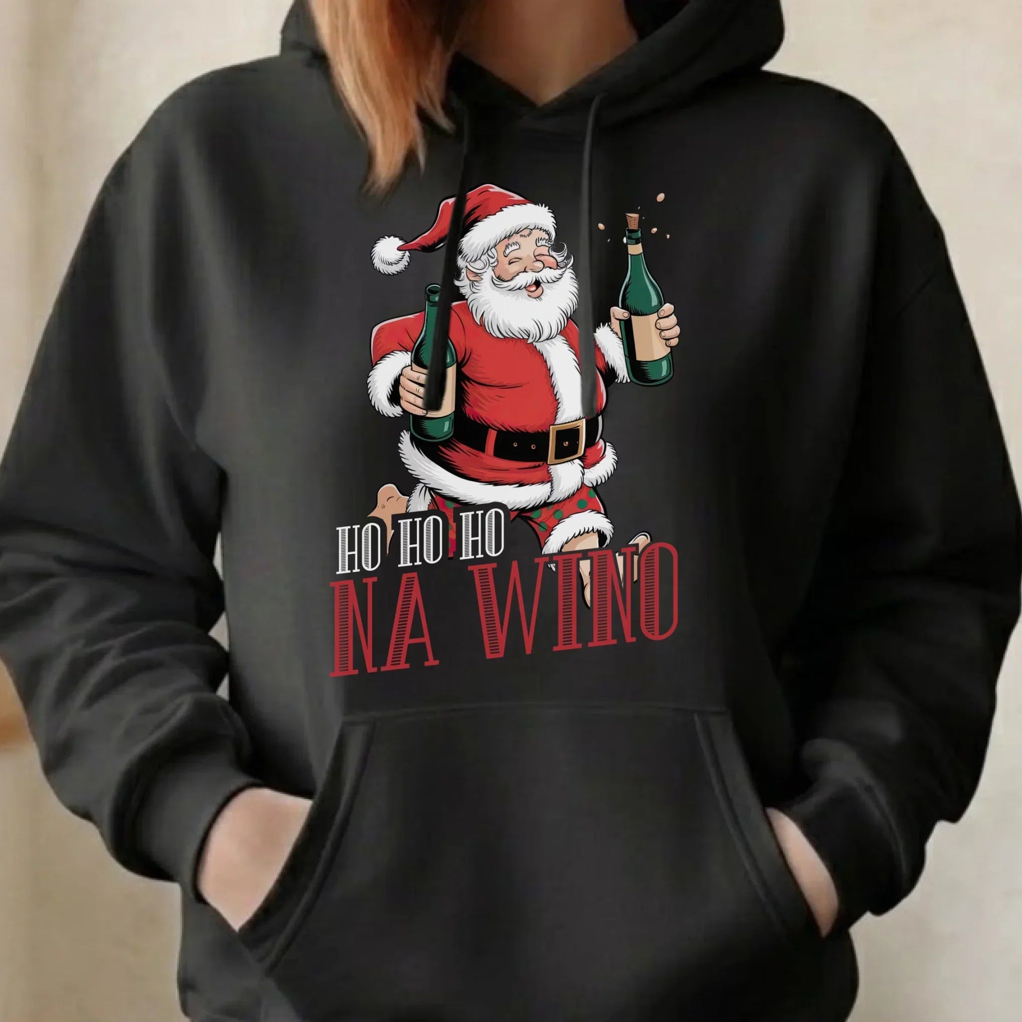 Bluza damska z kapturem świąteczna - Mikołaj Ho ho ho na wino BN61 - StoryCups.pl