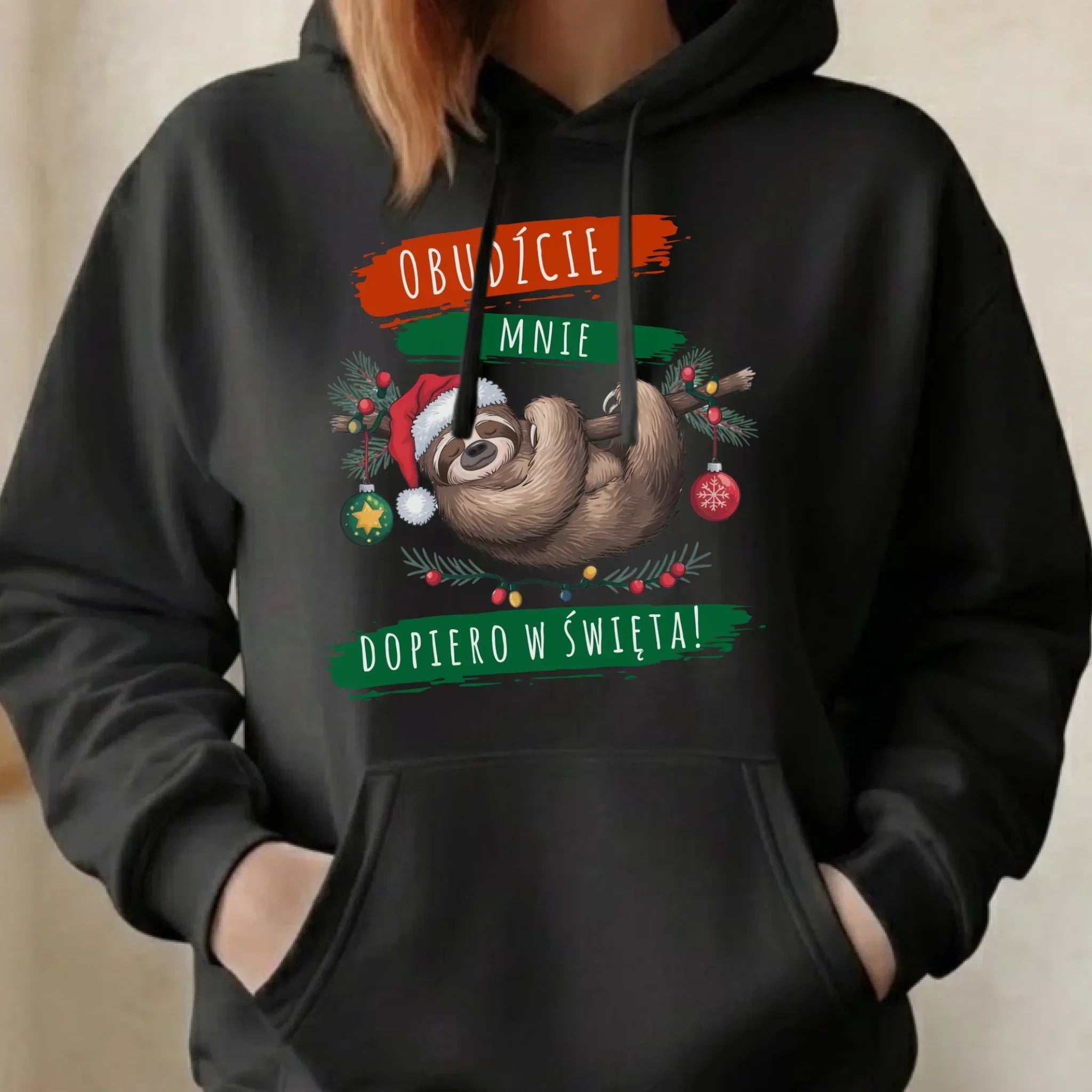 Bluza damska z kapturem świąteczna - Leniwiec - Obudźcie mnie dopiero w święta BN02 - StoryCups.pl