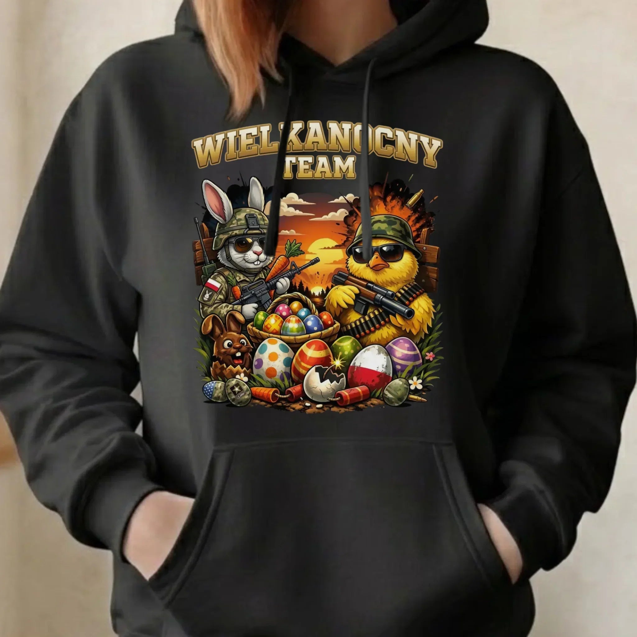 Bluza damska z kapturem na Wielkanoc - Kurczak i zając armia Wielkanocny Team WN37 - StoryCups.pl