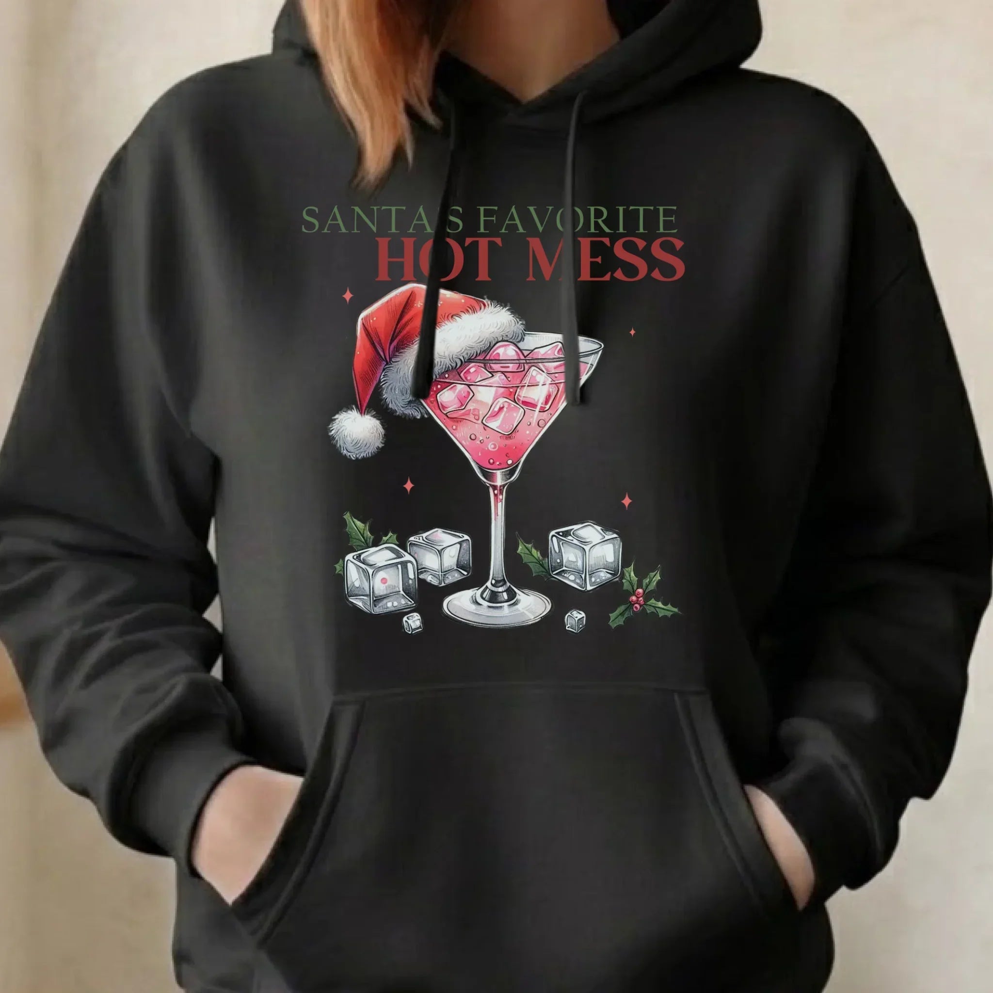 Bluza damska z kapturem świąteczna - Santa's favorite hot mess BN75 - StoryCups.pl