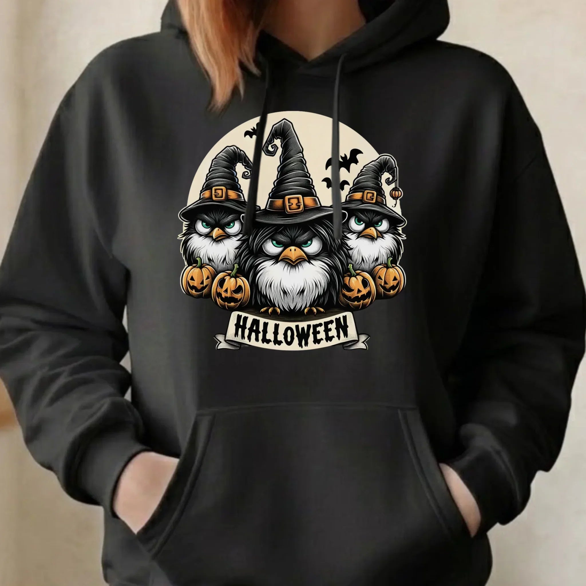 Bluza damska z kapturem na Halloween - Upiorne sowy wiedźmy HL15 - StoryCups.pl
