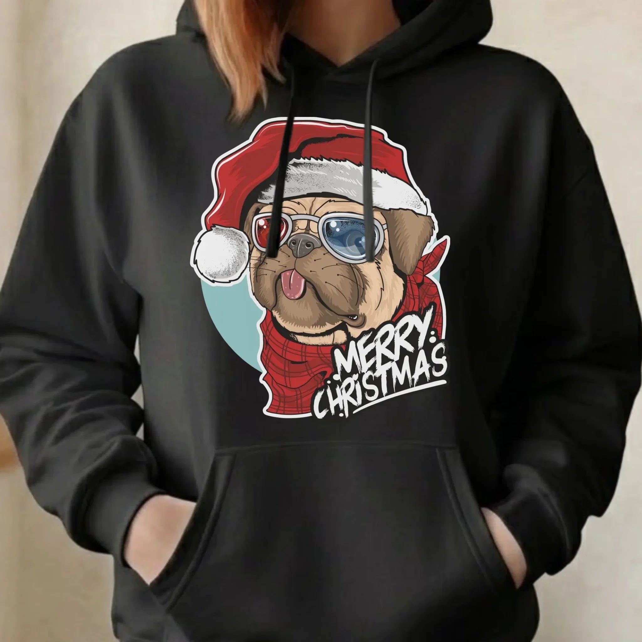 Bluza damska z kapturem świąteczna - Mops Merry Christmas BN62 - StoryCups.pl