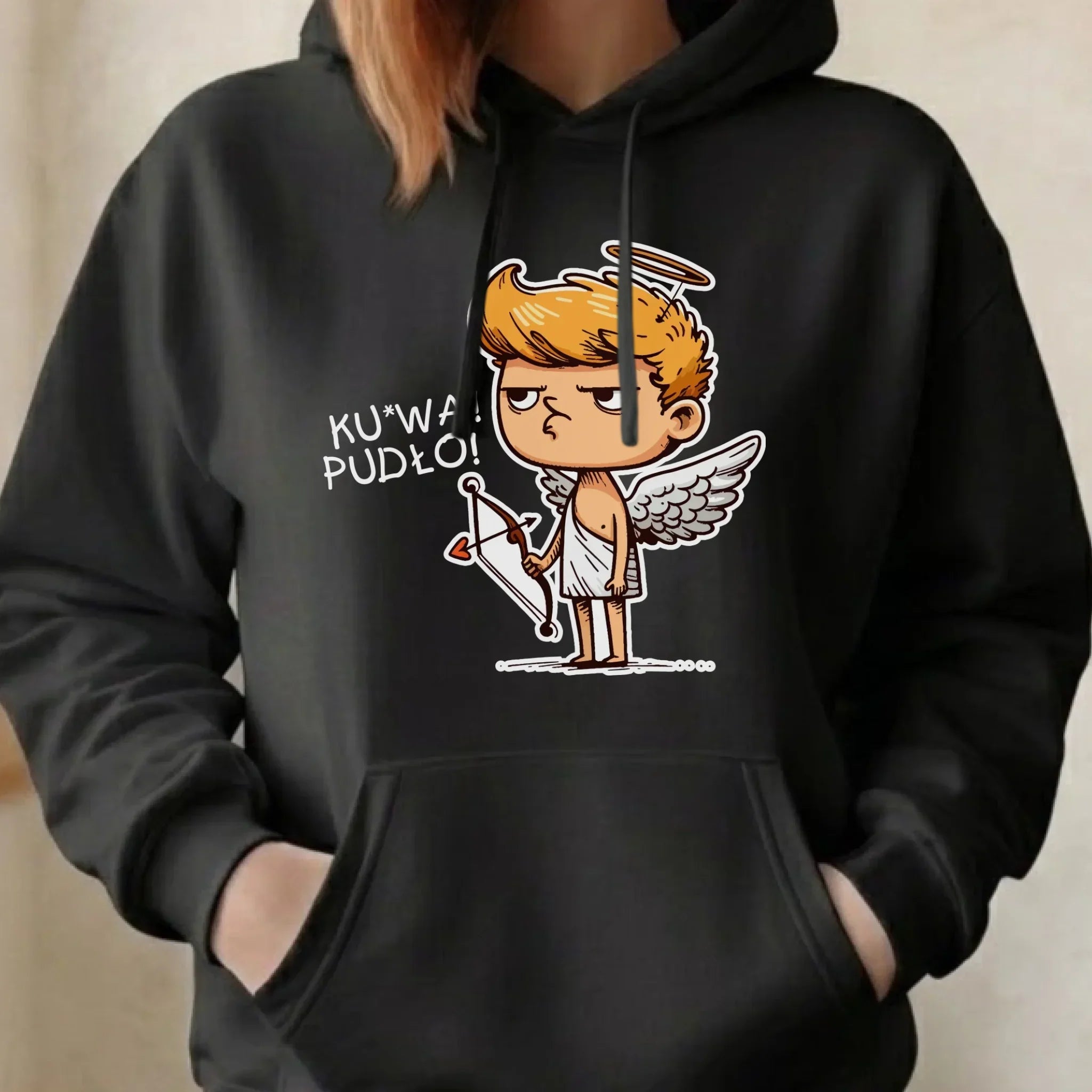 Bluza damska z kapturem - Aniołek z łukiem ku*wa pudło - bez cenzury W56 - StoryCups.pl