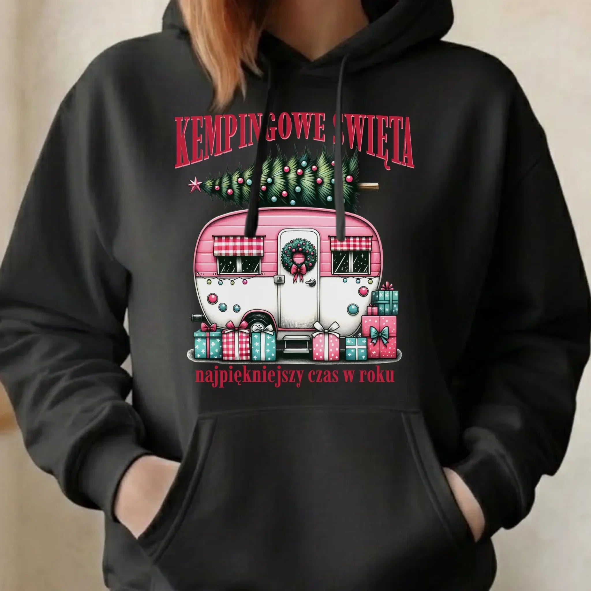 Bluza damska z kapturem świąteczna - Kamper Kempingowe Święta BN40 - StoryCups.pl