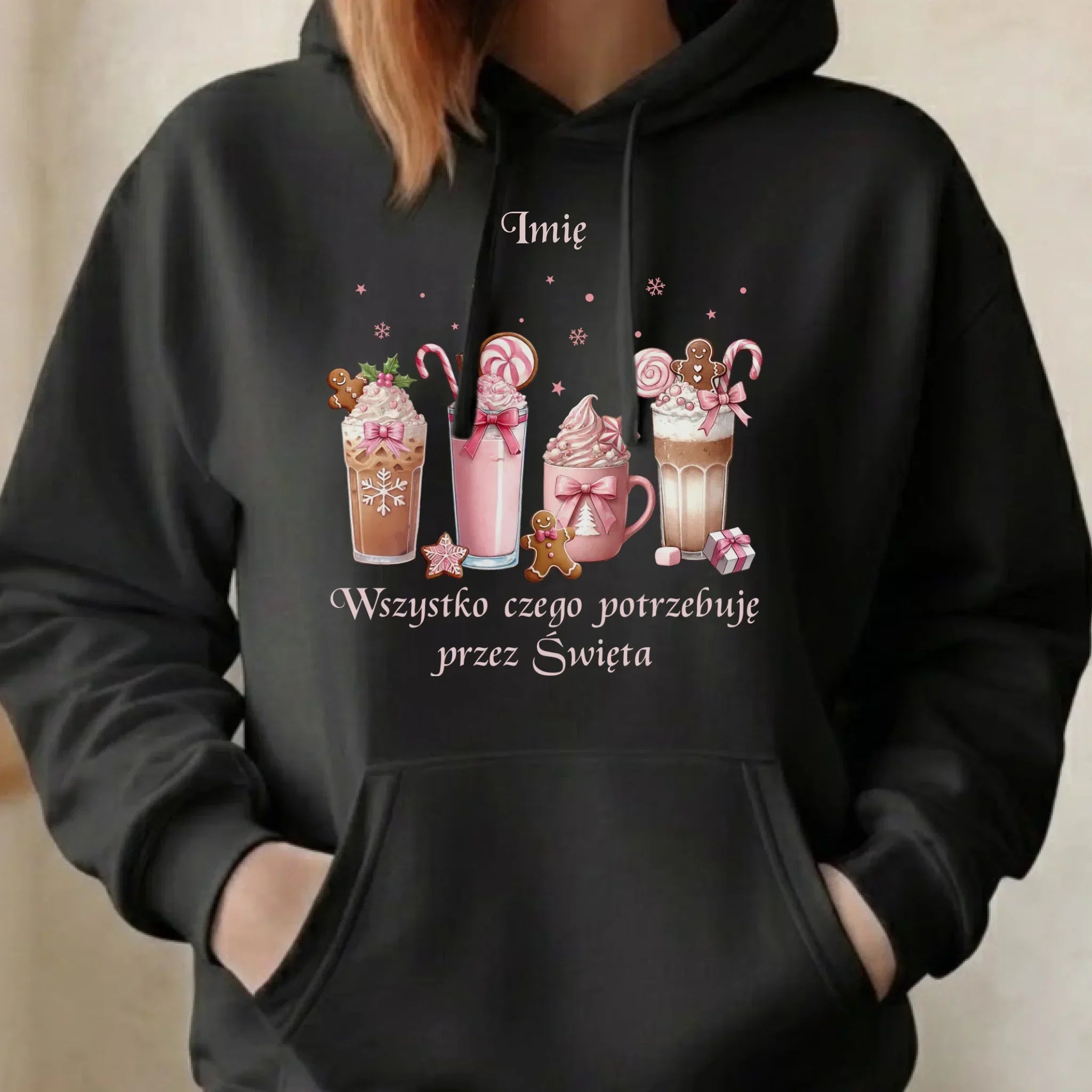 Bluza damska z kapturem świąteczna - Zimowa kawa Wszystko czego potrzebuję przez Święta - personalizowana BN46 - StoryCups.pl
