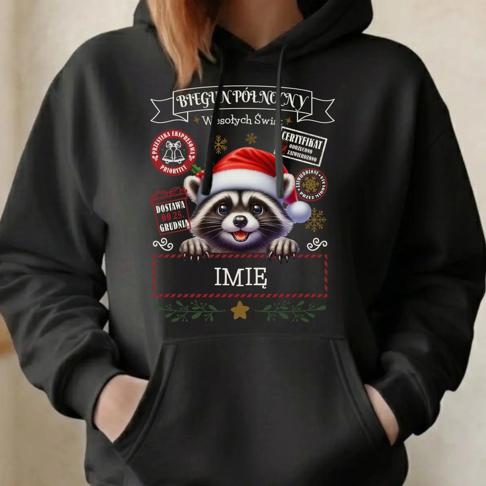 Bluza damska z kapturem świąteczna - Szop Paczka od Mikołaja - personalizowana BN145 - StoryCups.pl