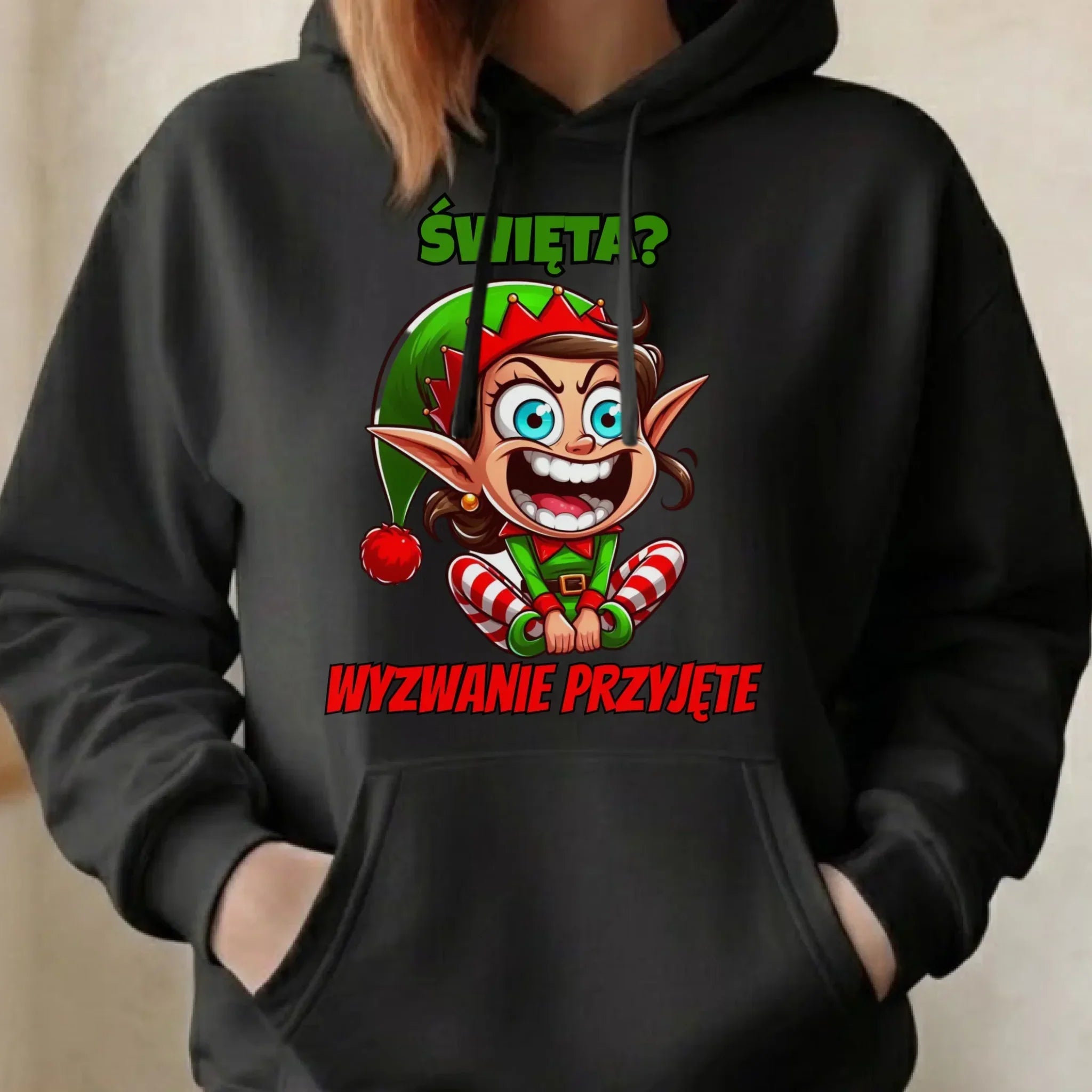 Bluza damska z kapturem świąteczna - Skrzat Wyzwanie przyjęte BN100 - StoryCups.pl