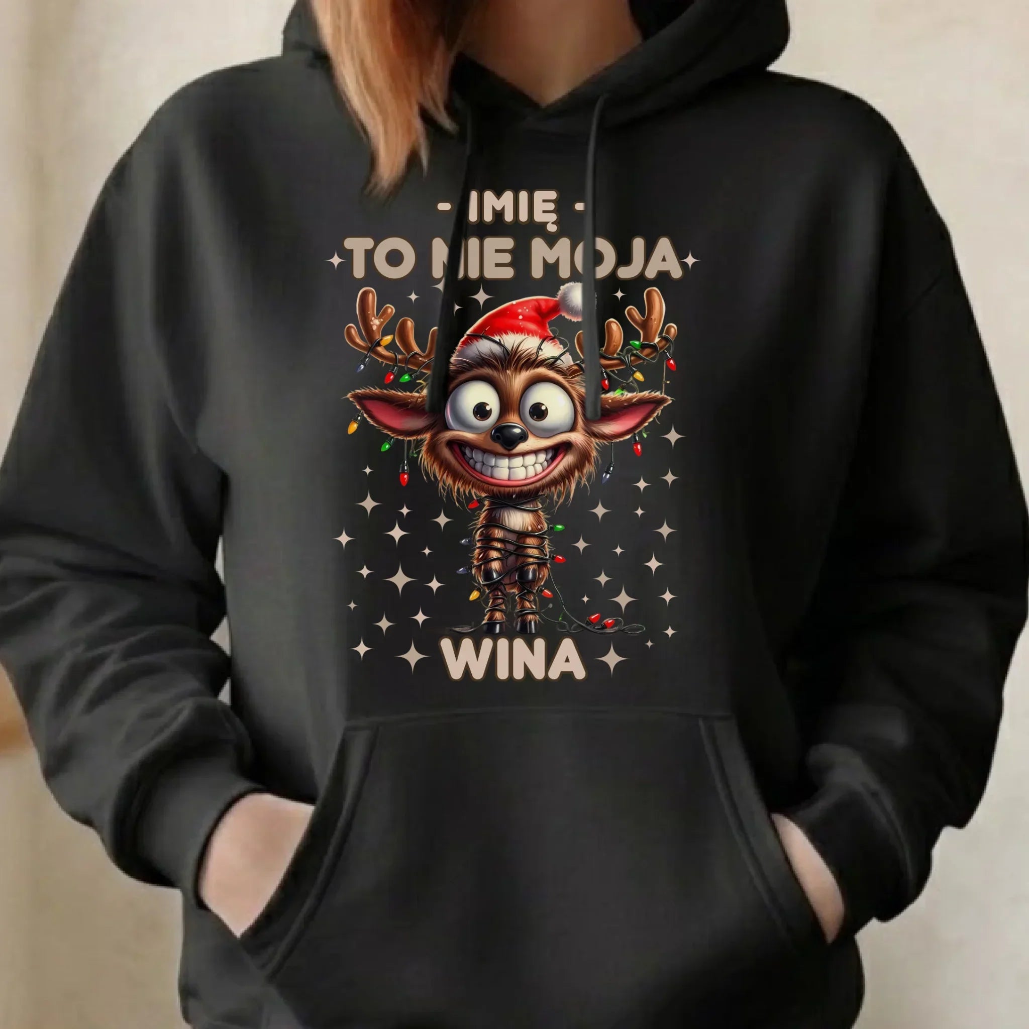 Bluza damska z kapturem świąteczna - Renifer To nie moja wina - personalizowana BN93 - StoryCups.pl