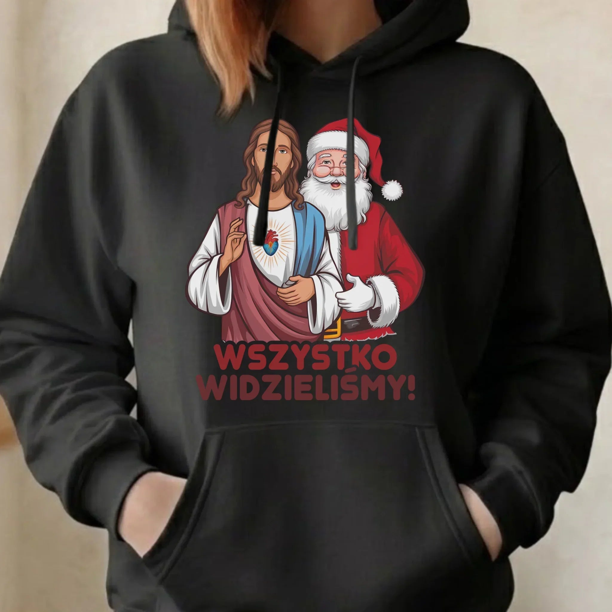 Bluza damska z kapturem świąteczna - Jezus i Mikołaj Wszystko widzieliśmy BN89 - StoryCups.pl