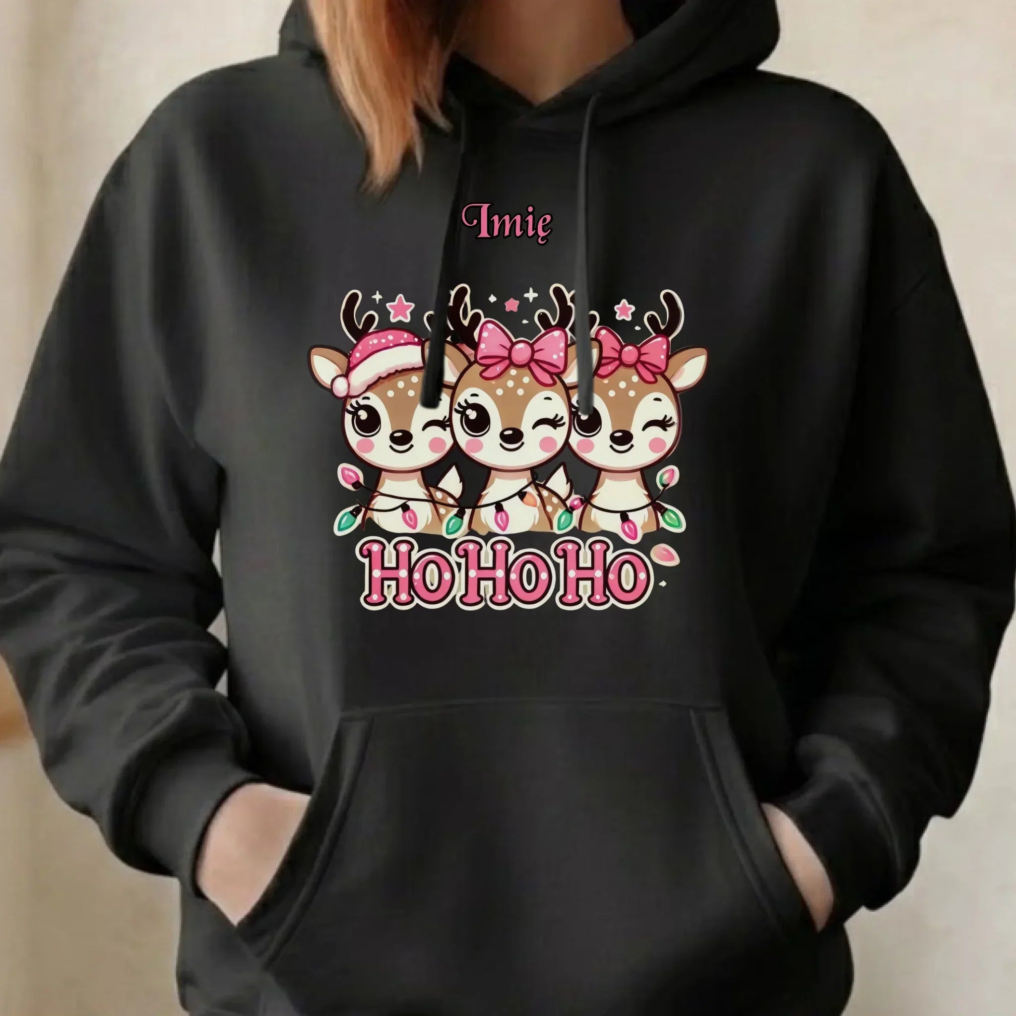 Bluza damska z kapturem świąteczna - Ho ho ho Słodkie reniferki - personalizowana BN49 - StoryCups.pl